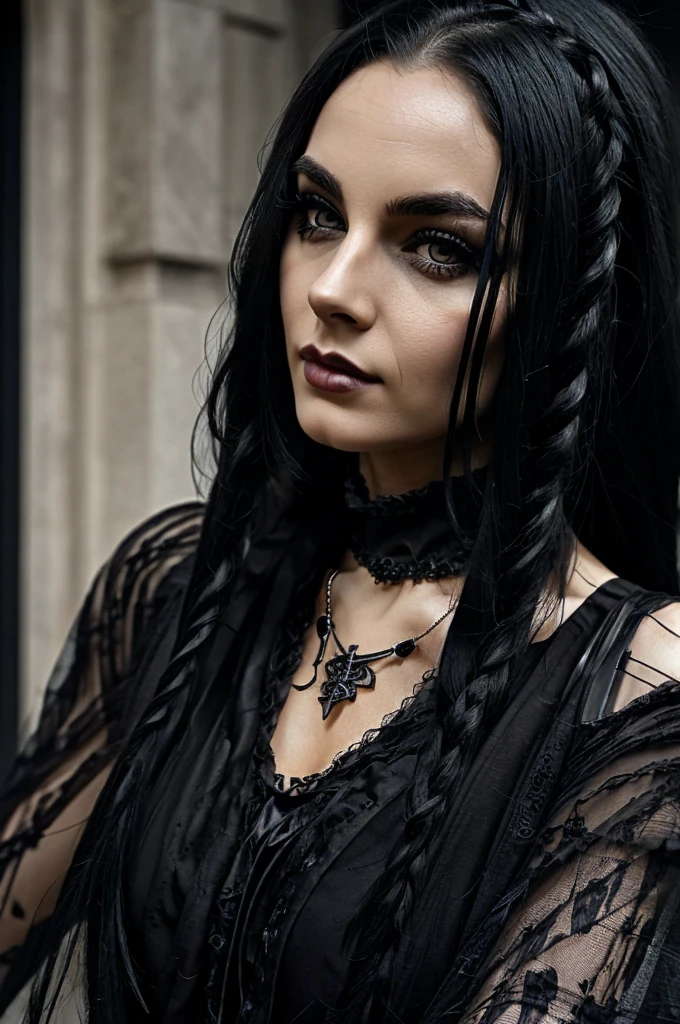 1 European gothic woman, pretty face, ultra detailed face and eyes, hyperrealistic, realistic representation, 30 years old, she is wearing black gothic clothing,   dreadlocks 