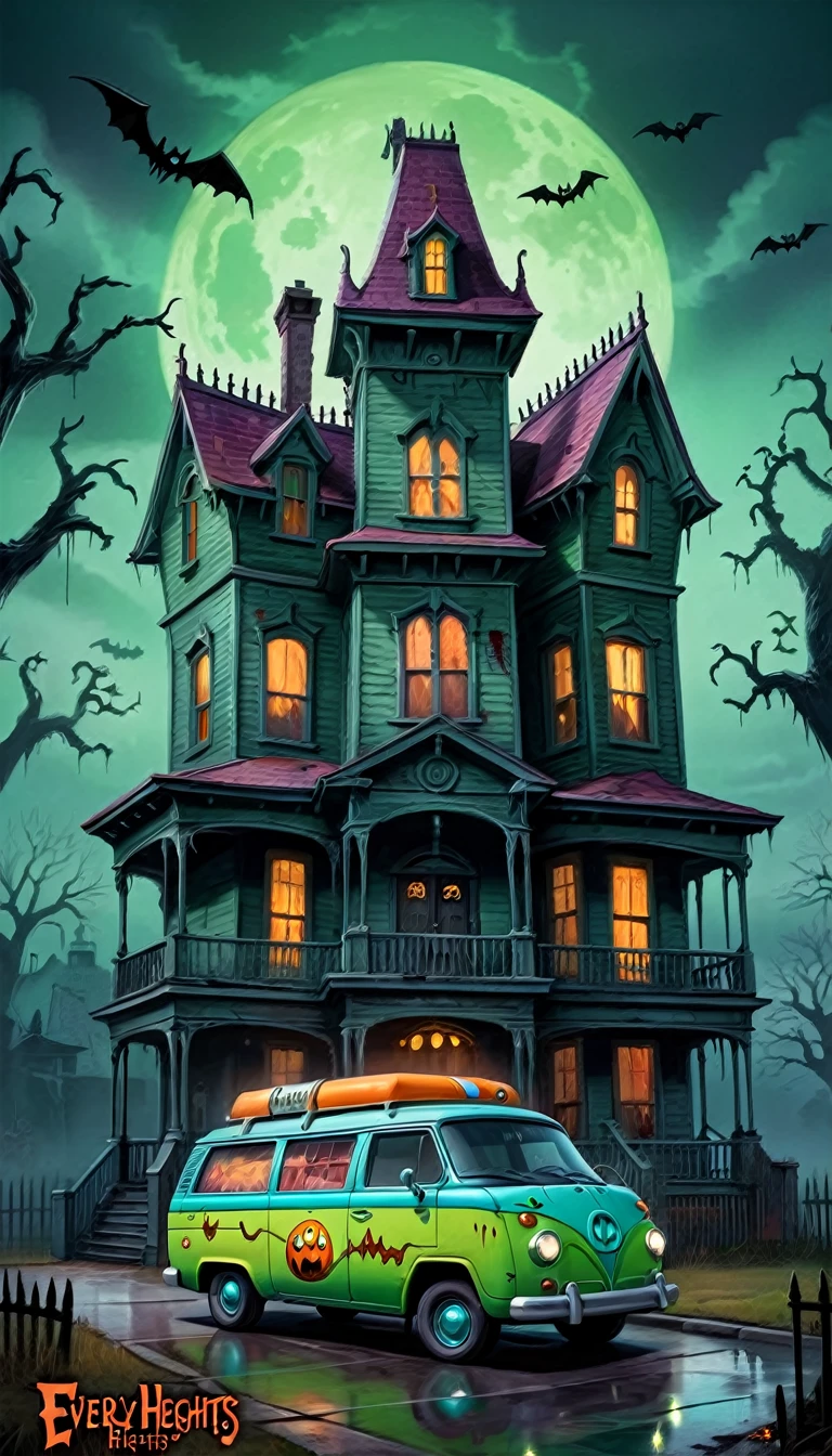 A creepy haunted house with the Mystery Machine parked out front, a painting, background art, horror. There's an Everly Heights Logo watermark in the corner.