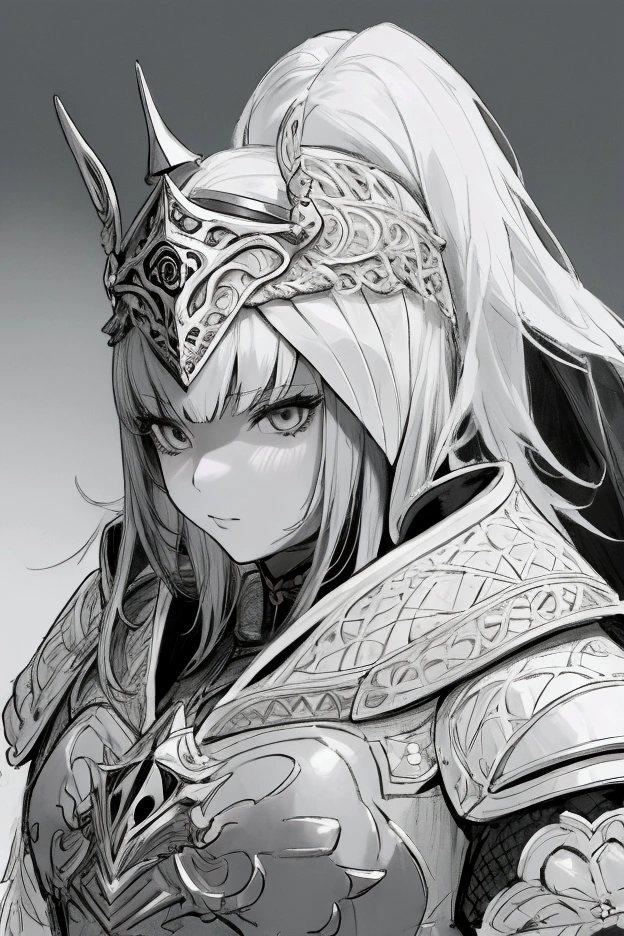 in front of bra, Highest quality, (Background details), High Contrast, One very beautiful woman, Detailed original illustrations、Warrior、Ancient Greek helmet、armor、Functional、Delicate face、Alluring、Villainess、y、Real breazy Smile, Crazy Eyes,, Head close-up, Black background, (Black background: 1.5), Beautiful line drawing、Monochrome