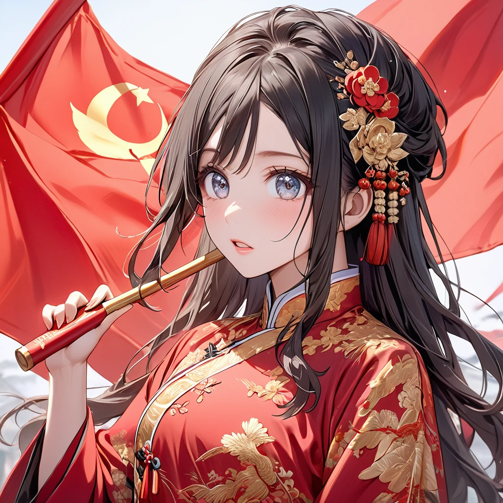 ((Highest quality)), ((masterpiece)), (detailed), （Perfect Face）、The woman is Satomi Ishihara, with black hair and wearing a red Chinese dress with gorgeous gold embroidery and trimmings, and has become a member of the Chinese Communist Party, a woman for China, and swears loyalty to the country.