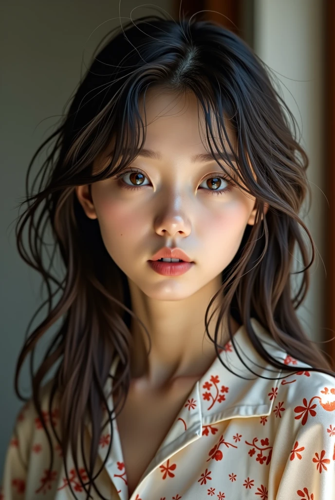 Wolf Hairstyles、Layered hairstyle、Light hairstyle、Inward curled hair、Semi-long hairstyle that reaches below the collarbone、Very bright natural light、In front of a luxury building、White T-shirt、K POPアイドル風な顔、Natural Makeup、Soft dark hair color、Adult atmosphere
