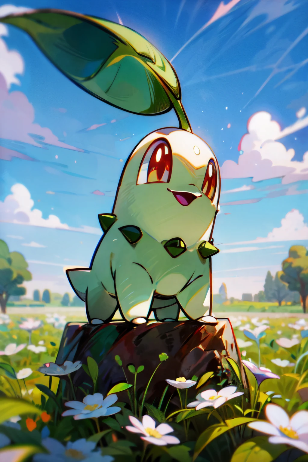 (masterpiece, best quality:1.2), highly detailed, POV, illustration, 1pokemon, chicorita, Chikorita_Pokemon, happy, blue sky, white flower field background, absurdres