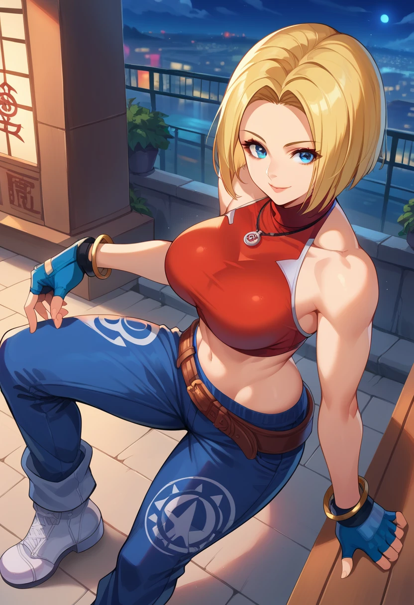 score_9, score_8_up, score_7_up, 1girl, solo, BlueMary, short hair, blue eyes,pants, crop top, turtleneck, belt, large breasts, fingerless gloves, necklace, standing, standing, lying on floor, on side, flirtatious smile, looking at you, night, street, illimunated city, from above