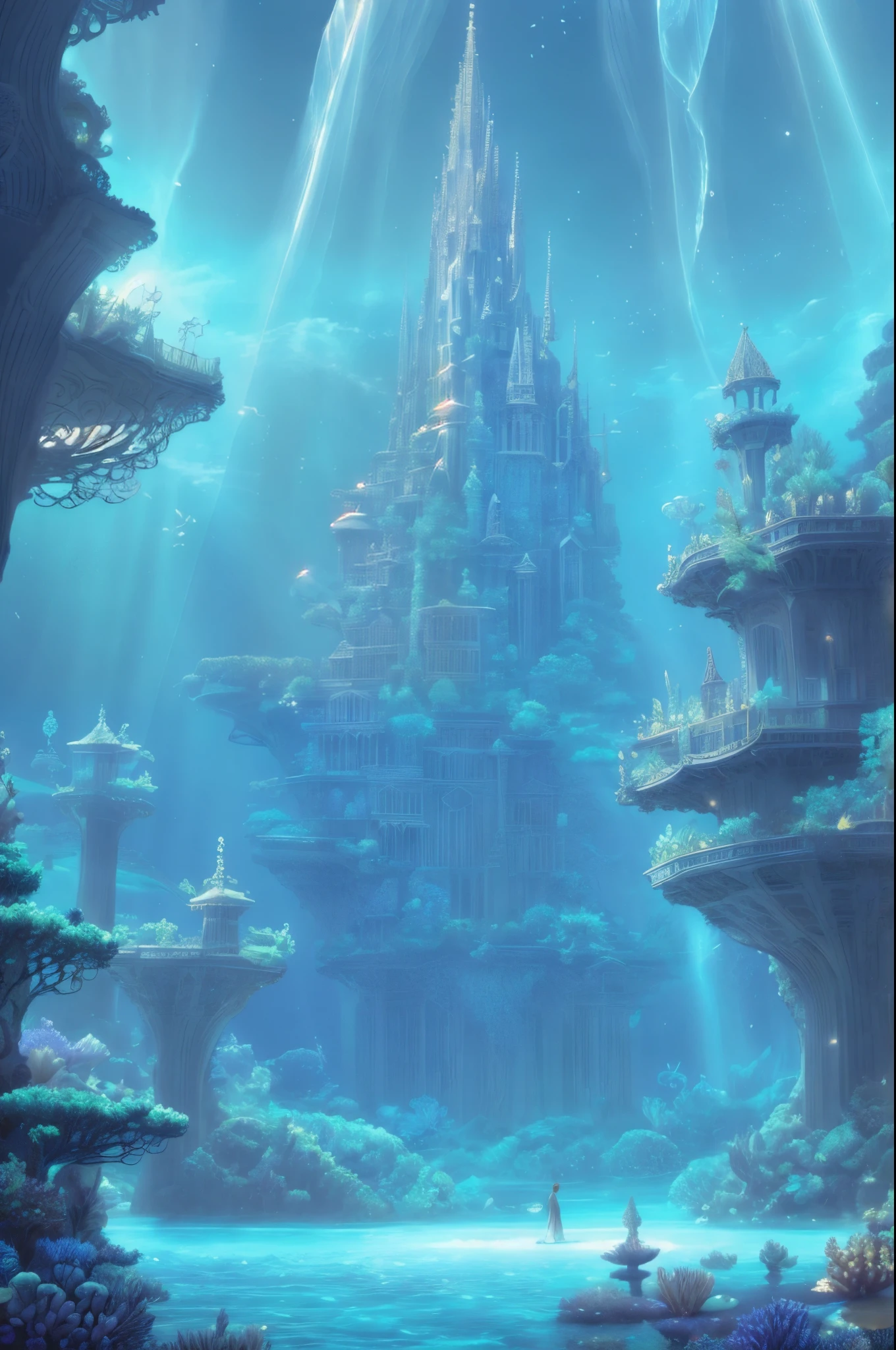 An ancient underwater city bathed in a soft, ethereal glow, surrounded by mythical sea creatures like luminous jellyfish and graceful merfolk. The city’s architecture features towering, coral-covered spires and bioluminescent flora. In the foreground, a group of deep-sea explorers in futuristic suits is amazed as they discover this hidden realm, their faces illuminated by the city’s gentle light. The scene is set in a deep, mysterious ocean with rays of sunlight piercing through the water, creating a magical, otherworldly atmosphere , (Best Quality, A high resolution, photorealistic), cinematic lighting, masterpiece, raw photo, intricate details, HdR

