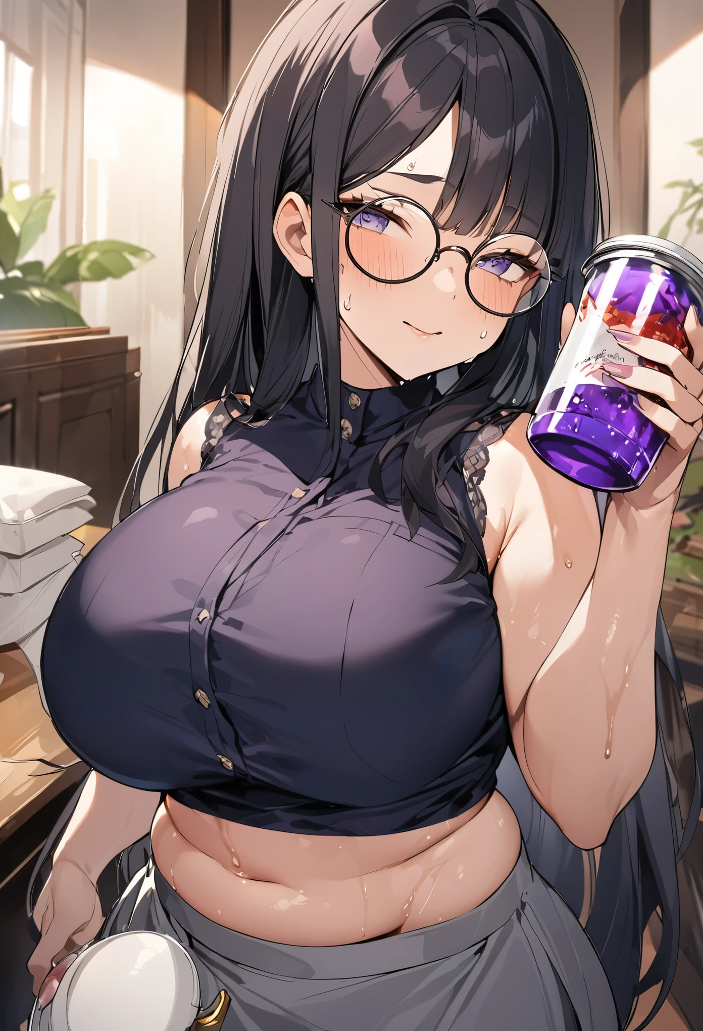 ((bangs)),((((dark-skinned:1.4)))), (long hair), (plump lips), ((full lips)), ((full lips)), (((oval glasses))), solo, (purple hair), ((long hair)), ((((curly hair)))), (huge breasts) ((light purple eyes)), ((siren eyes)), ((cleavage)), ((thick thighs)), ((((wide hips)))), ((thick)), (((curvy))), ((thighhighs)), ((lace)), super detailed, ((indoors)), girl room,  sparkles, ((evil grin)), light blush, ((see-through shirt)), (nipples), ((((close up)), ((leaning forward)), (masterpiece), (good quality), ((piercings)), (mole), ((black skirt dress)), ((white fitted shirt)), (black thighhighs), (see-through shirt), ((nipples)), opening door, at door, 