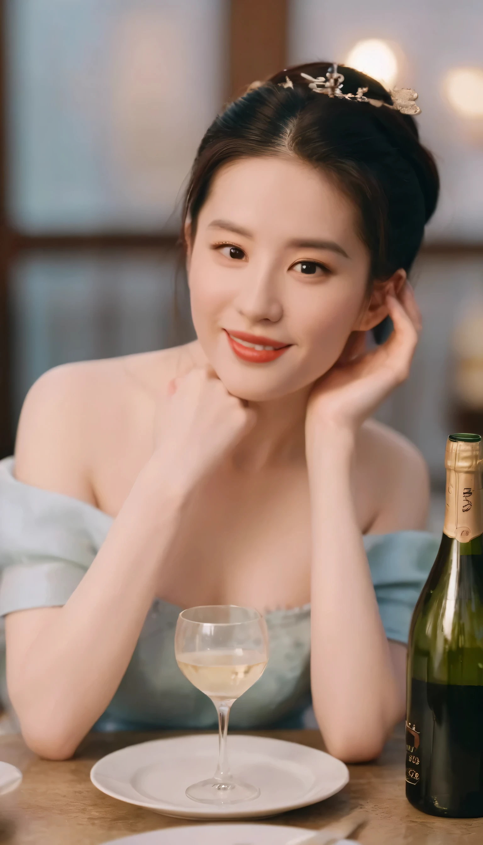 ((Highest quality、8K、masterpiece:1.3))、focus:1.2、Beautiful woman perfect body:1.4、fit body、((Bob Hale、updo hairstyle:1.2))、(to be born, Highest quality, masterpiece:1.5), (Realistic, Intricate details:1.2), Wine Glass on the Table、Shine light on your face、 Amazing view of the sunset city landscape、A bright smile、The beauty of wine, Beautiful Face, darrk brown eyes, Blushing, medium updo hairstyle, tidy natural hair, medium tits, Bright skin、Appetizers、Italian food、Wine bottle、champagne、sparkling wine on the table, midi dress ,(Brown Hair), Kodak film fine grain, High Contrast, back lighting ,Moist Body:1.5、detailed eyes、Brown Hair、shinny hair