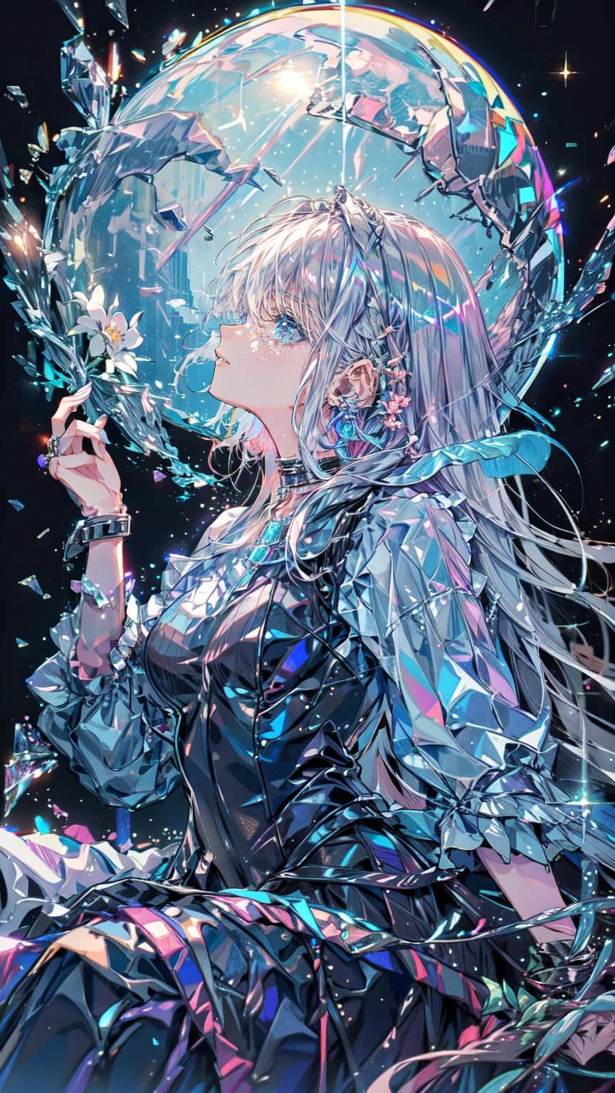 This image is like a dream, Whimsical scenes featuring fantasy characters: performance: relaxed, gentle hairstyle: length, Wavy, Pink hair with decorative hair accessories: Complex, White and blue, A frilled dress with delicate embroidery and lace; Corset bodice accessory with jewel embellishment: An ornate headdress decorated with flowers and jewels, Exquisite choker, Arm Cuffs Pose: Sit back and relax on the decorative spiral walkway: big, 遠くを見つめるperformance豊かな青い目 肌の状態: Smooth, Light skin background environment: magic, Astrological Positions of the Planets, Crystal of snow, Structure of the Universe; Vivid flowers and glowing spheres, Lighting and color: soft, Cool and fantastic lighting, Pastel Color Palette; Light sources from various locations create a bright atmosphere。Context and mood: Charm, Otherworldly, quiet, Mysterious photography techniques: Front view, use of deep depth of field to capture Complex details in both the foreground and background, To emphasize the fantastical elements、Carefully adjust the light level: "A serene fairy-tale character graces an Charm cosmic garden, her Complex dress and ethereal beauty harmonizing with the magic, Otherworldly surroundings."
