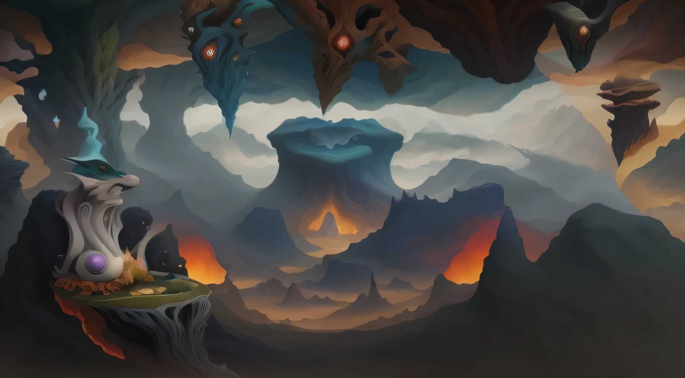 there is a painting there,Depicting a fantasy world with a cave of light。 Magical surrealism, Jacek Jelka and Vladimir Kush, Inspired by Jacek Yerka, Style of Hieronymus Bosch, hyper-realistic illustration, Ivan Genelich (Ivan Generalic) of inspiration, Surreal alien cave, Alien Landscape, Fantasy painting, Giger and Jacek Jelka