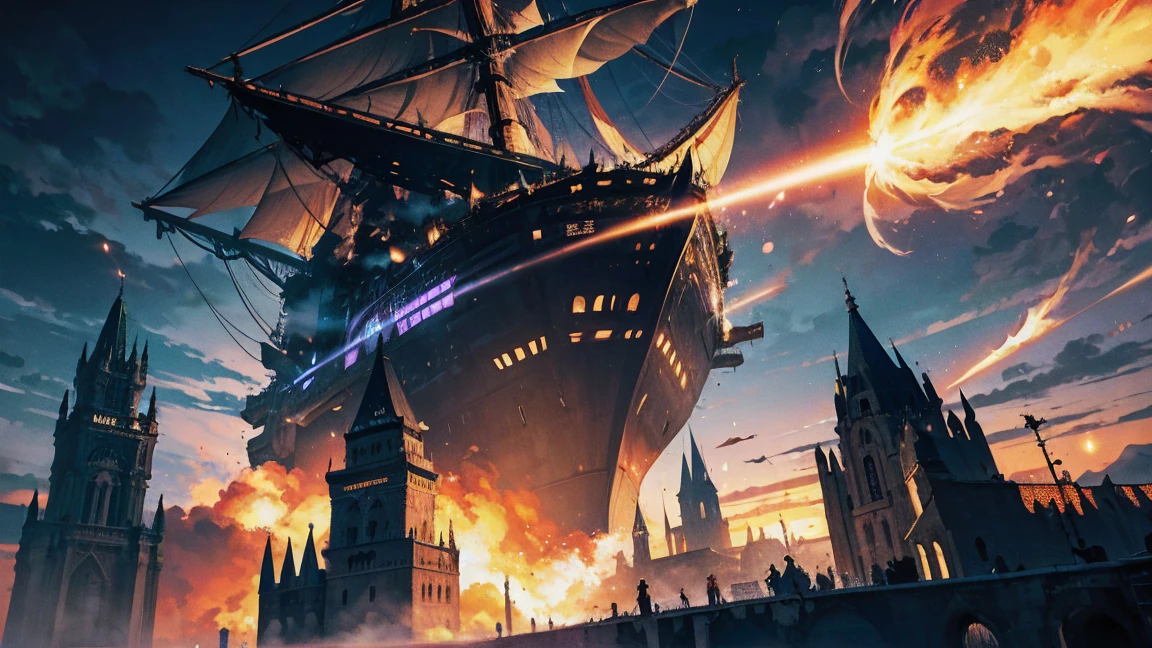 "A colossal, mystical flying ship with massive sails glides through the air above a grand castle. The ship’s hull is adorned with intricate designs and reinforced with powerful magic, evident by the glowing runes along its sides. The vessel appears ancient, yet imposing, as it navigates through the skies effortlessly. Below, the castle is engulfed in a massive explosion, sending debris and shockwaves outward. The scene is chaotic, with clouds of smoke billowing from the destruction, contrasting with the calm and controlled flight of the majestic ship above."