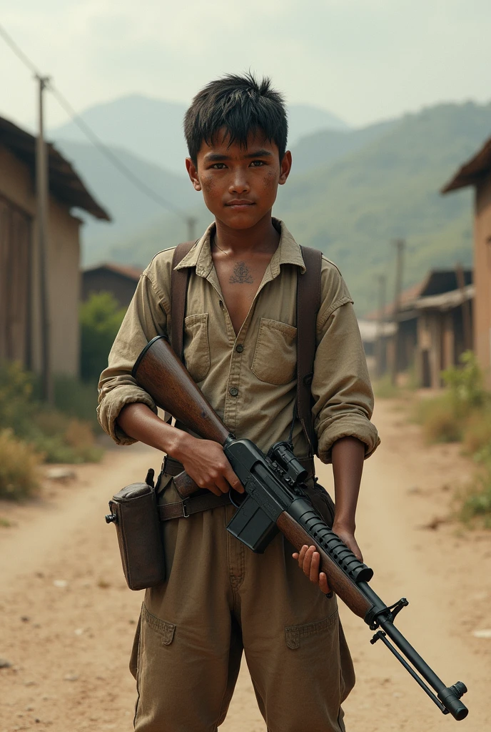 Portrait of a handsome 8 year old Indonesian boy wearing a dark brown scout uniform,with a red and white asduk (scarf) around the neck, complete with attributes and wearing a beret,at the campsite