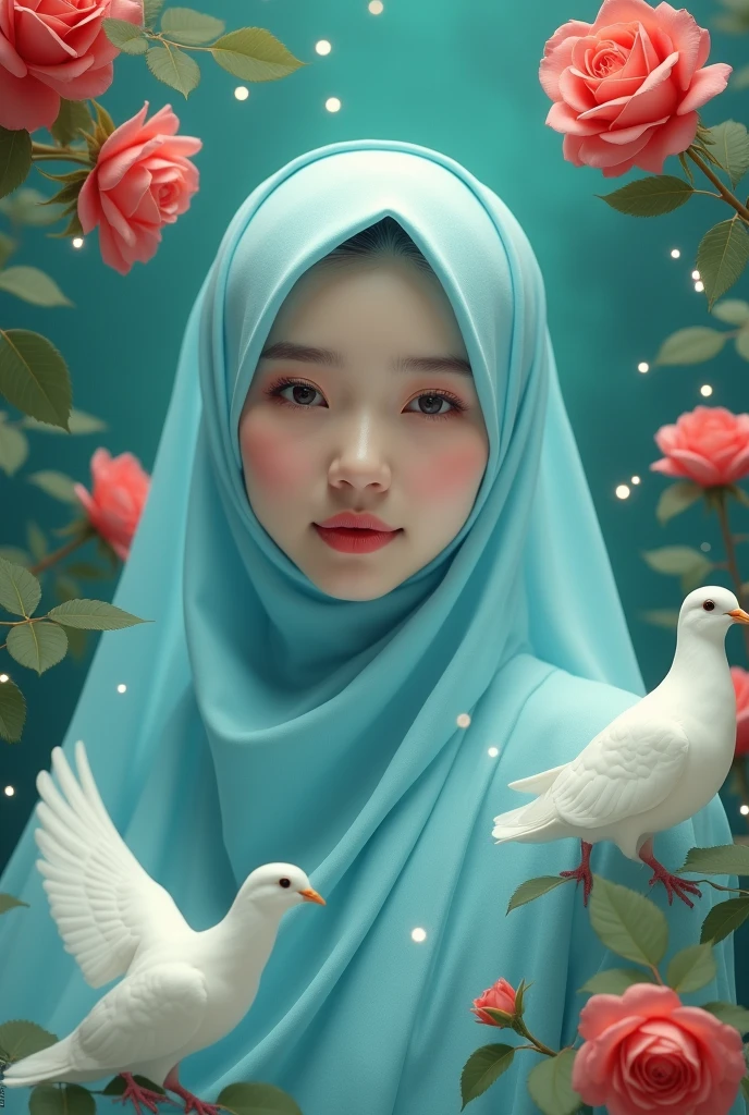 20 year old indonesian hijab girl, smile, surrounding flowers flowers flowers roses-sinensis, butterfly, writing 3D typography with the title “AIRA”. Elegant transparent pastel flowers, Gold Bar, beautiful bride in sky blue dress with floral hem, dynamic flow, colored with light pale pink pastel alcohol ink with thin white border line painting, black matte background. ethereal. Optimization lighting in pale red
