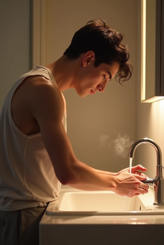 Asian young man, Vietnamese, naked, hands kneading crotch, standing looking in the mirror, smiling at the mirror, big penis , Muscular and well-proportioned, Seductive eyes