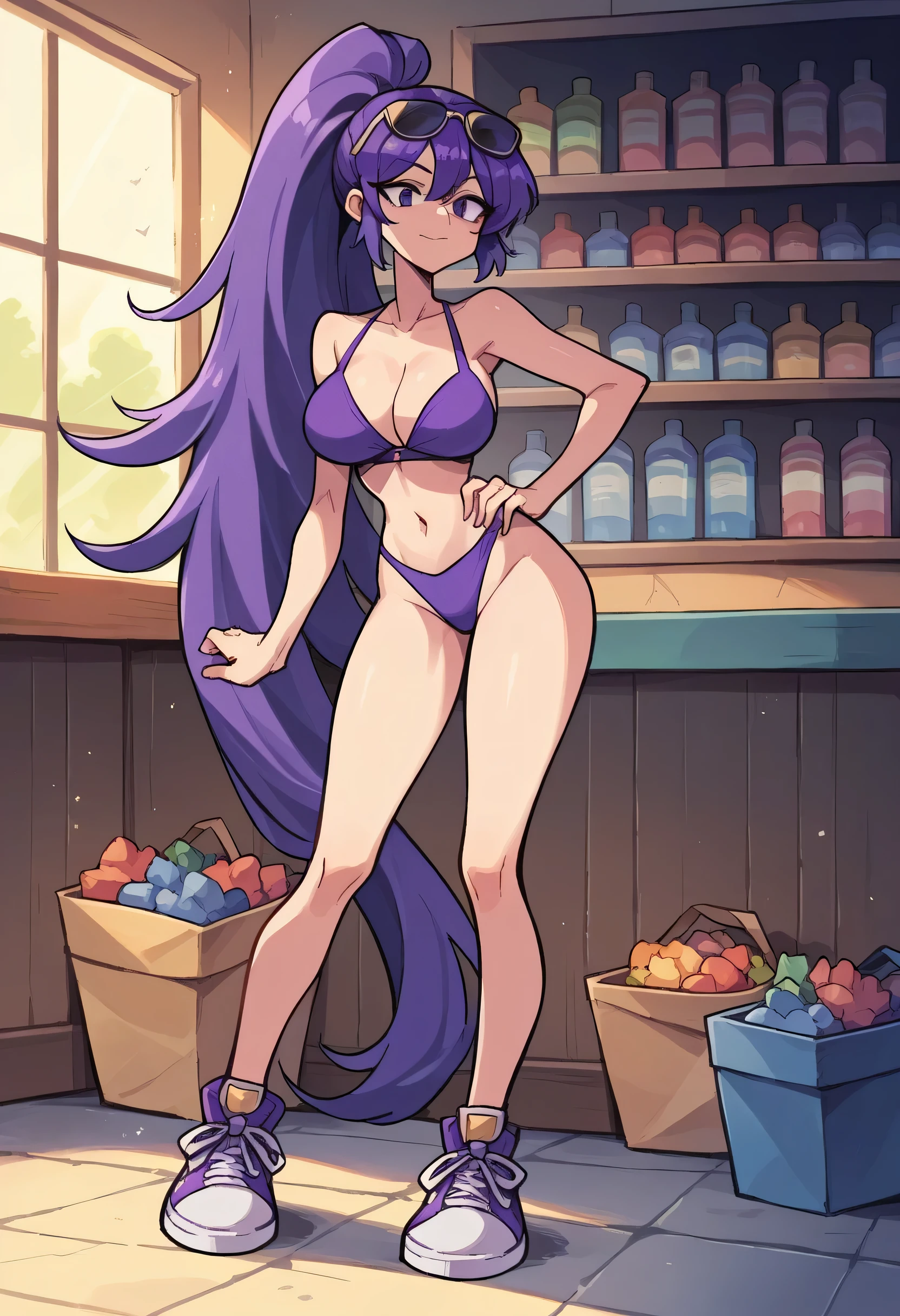 Masterpiece, best quality, Masterpiece, best quality, 1 woman, long ponytail hair, purple hair , sly face , sunglasses , purple bikini , abdomen, big breasts , Long legs , Put your hands on your hips.. , sneakers shoes , convenience store