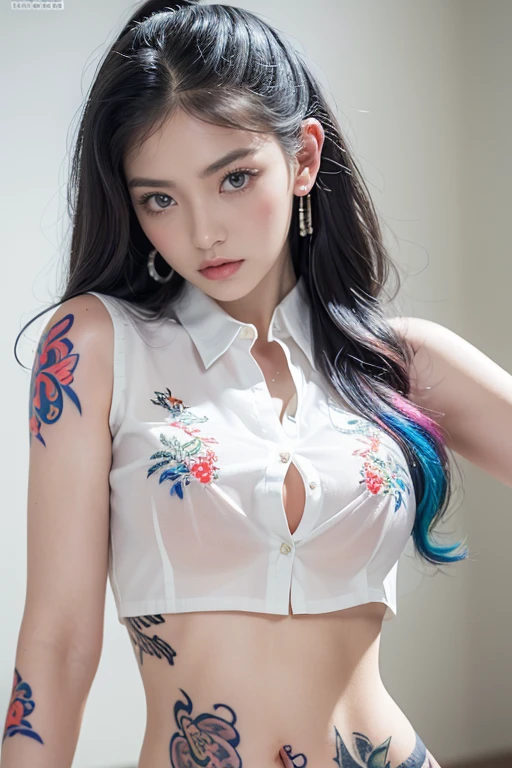 Top quality, RAW Photo, Highest Quality Image, 16K, Full body, Age 22, Realistic, Photorealistic,  Beautiful Asian woman, Sexy, body, White pale skin, ((( Beautiful Girl with graphics Tattoo on tummy))),  detailed tattoo, ((( Multicolor Hair ))), Wavy hairstyle, Modern hairstyles, Detailed face, Detailed body, Detailed skin, Double eyelids, Very Big eyes, long eyelashes, bright eyes, green eyes, natural lips, detailed lips, ((( Saggy breasts ))), ((( Very Small breasts, Flat Breasts, long shape breasts ))), posing in bedroom studio, sunny day light,  ((( wearing white see through crop top shirt with all buttons are unbuttoned ))), no bra, ((( piercings ))), ((( piercing bellybutton with jewelry )))