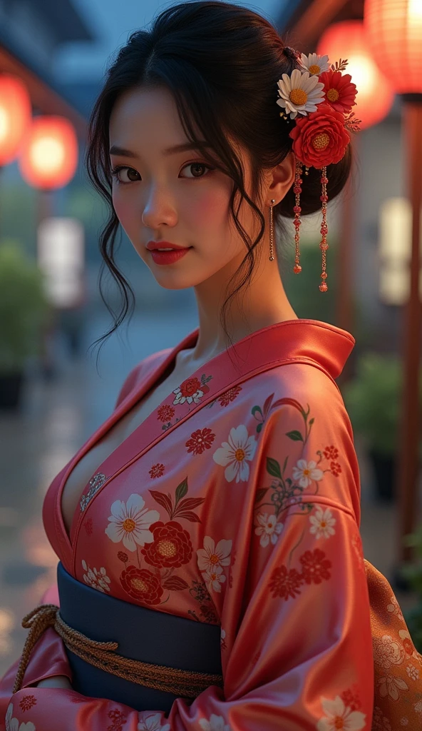Beautiful young and sweet queen of cyberpunk geisha, woman, hot, sensual goddess, with flowing hair, hyper realistic, masterpiece, photorealistic, front, wearing short red and white kimono neckline with neon flowers drawn, holding a bouquet of bright neon flowers, wearing rings and bracelets with jewels, smiling and walking in cyberpunk Japan.