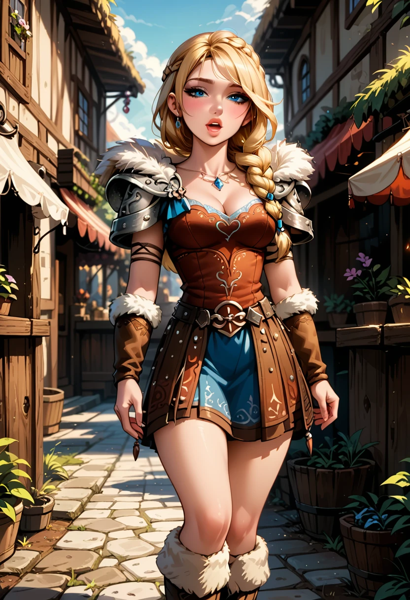 Dark Fantasy Art of score_9, score_8_up, score_7_up, rating_safe, fantasy, lighting, epiCPhoto 1girl, solo, very sexy slutty girl (ASTRIDHOFFERSON, blonde hair, braid, Long hair, blue eyes, fur trim, shoulder armor, armor, pauldron, boots, skirt:1.2), cleavage, sexy legs, thigh, flirt, gaze, sexy look, half-closed eyes, filled lips, thick lips, moaning, makeup, modelling shoot, sexy pose, village market setting, dark, moody, dark fantasy style, midday.