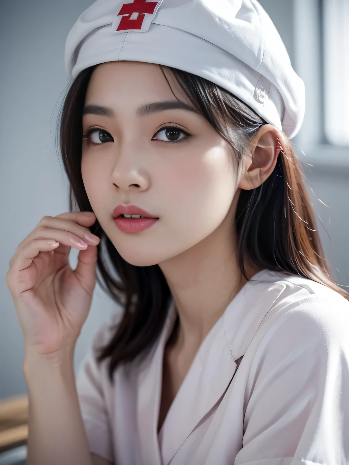 a beautiful young japanese female nurse, white nurse uniform, nurse cap, in hospital, extremely detailed face and eyes, longeyelashes, beautiful detailed lips, beautiful skin, high quality, digital painting, realistic, photorealistic, 8k, HDR, studio lighting, vibrant colors, warm lighting