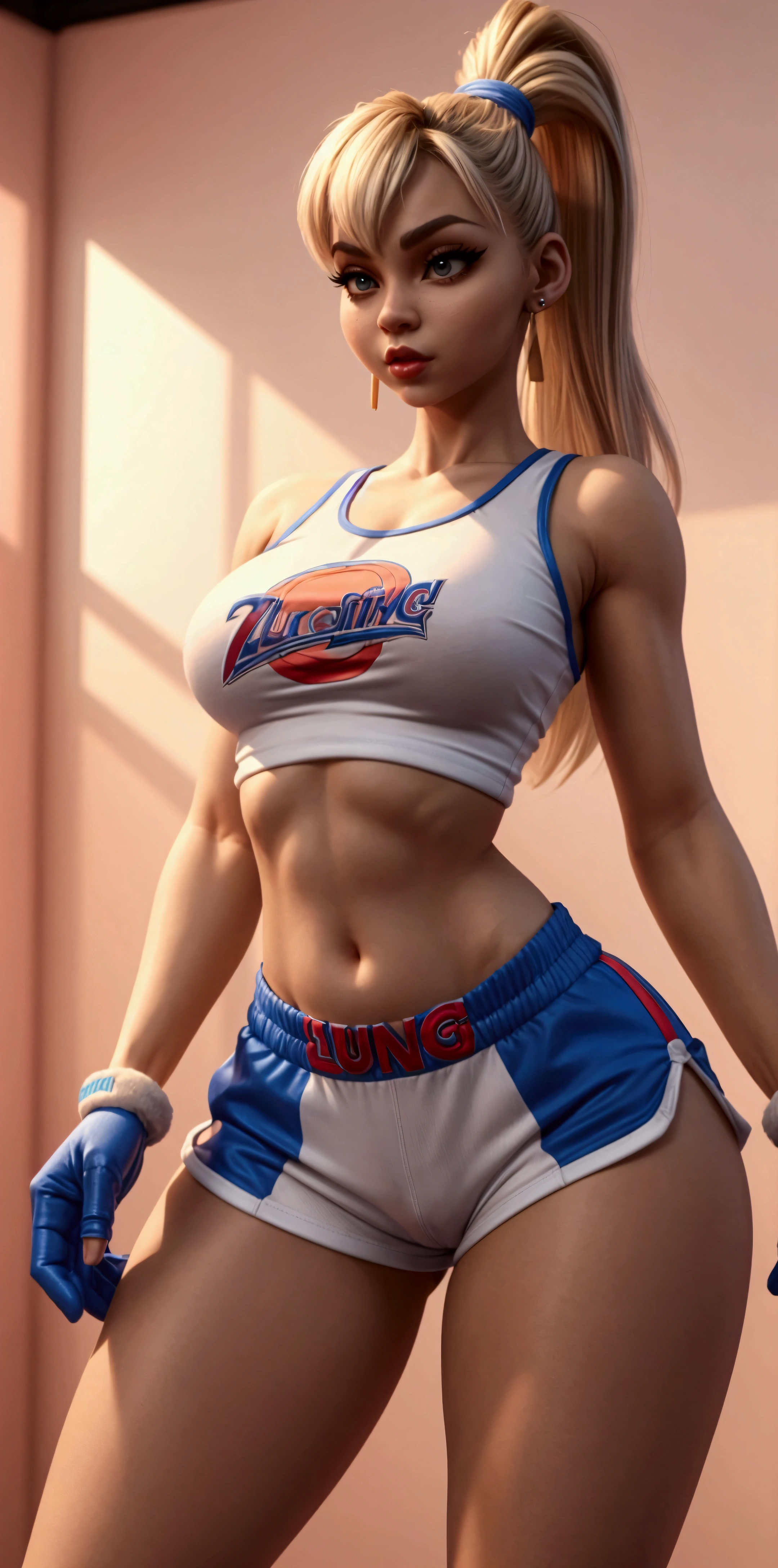 lola bunny, tight t-shirt, sexy pose, thin narrow waist, legs, realistic skin, earrings, short gloves covered arms, open belly, open shoulders, hot body, sport microshorts, sportroom background