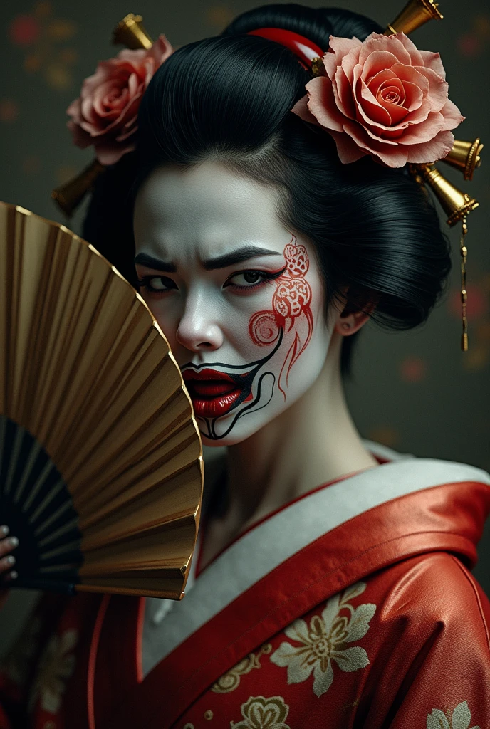 8yk, raw photo, (masterpiece), (best quality 8k), high resolution, (1 girl) vampire geisha, beautiful woman, hot, night maiden, big breasts, goddess of darkness, wearing a short red and black kimono with skulls drawn (realistic, photorealistic: 1.2), ultra detailed, physically-based rendering, blood dripping on the side of the mouth