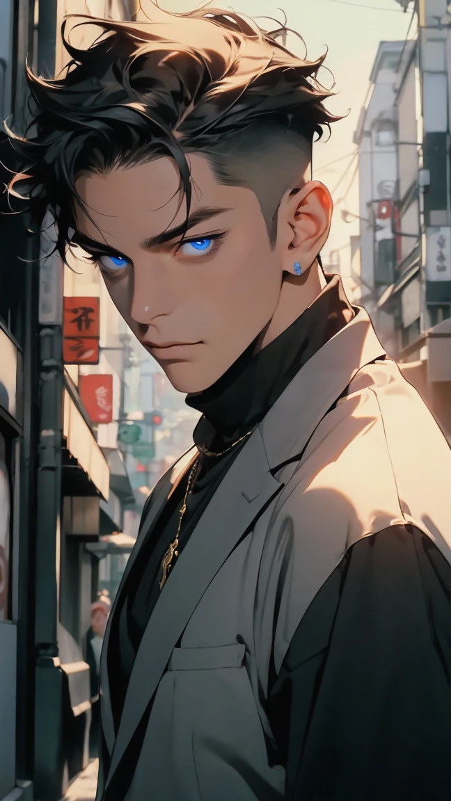 highest quality, 8K, high resolution image, anime style Jujutsu Kaisen, detailed strokes, slightly tanned skin, blurry, purple light reflecting from it, (close angle), 1 man, young, male, model, cool guy, muscular, blue Eyes, brown very short hair, brown hair, short hair, hairstyle: undercut, swollen chest, he is wearing a shirt and sweatpants, hand in trouser pocket, gold link chain, background: city, Tokyo, business district