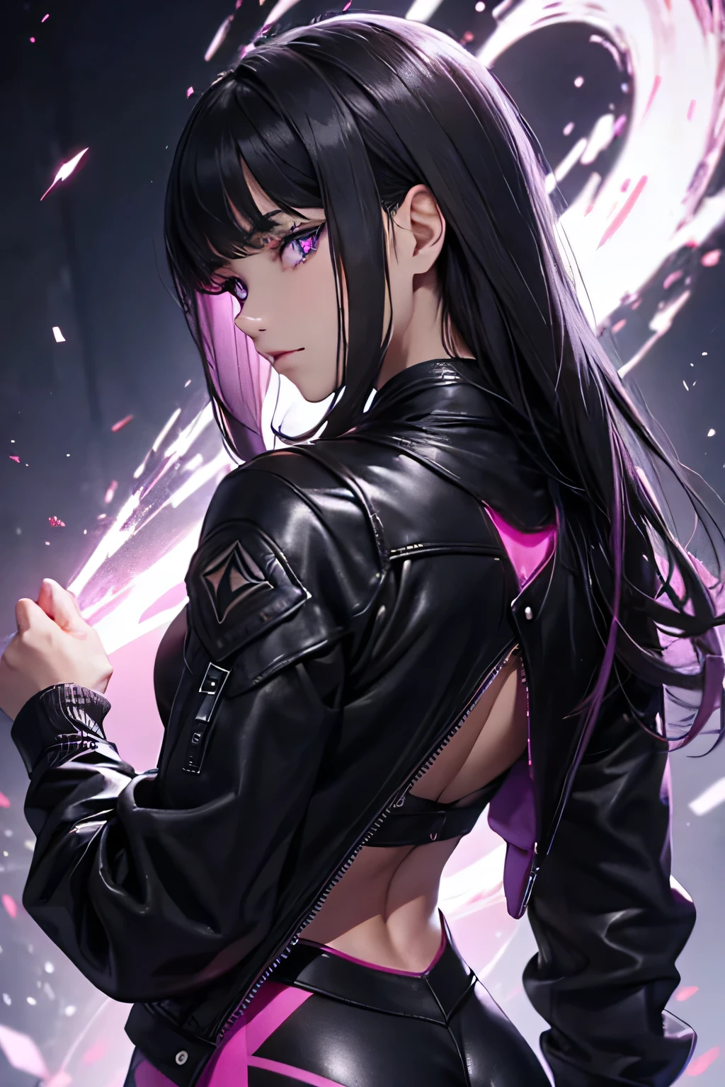 looking back,Yuri Khan,standing with his back to the viewer,handsome young warrior , with a very detailed and beautiful face, beautiful eyes, beautiful eyes, Gorgeous face, glowing purple eyes,beautiful young woman wearing long black leggings with black details, usando leather jacket preta, I'm standing in the office, in black boots, horny hair, with black fringe, , evil smile ,white sweater with a belt around it, serious look,usando leather jacket preto, leather jacket,yellow lighting, evil smile,leggings,hands in pockets,beautiful ass in detail
