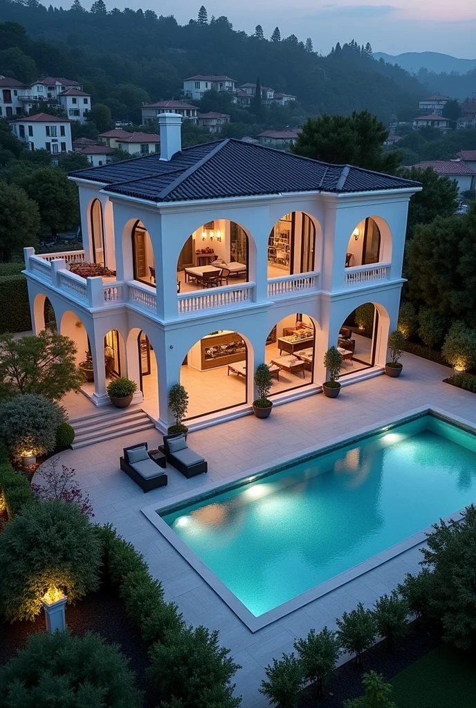 professional photograpy ((High-quality masterpieces: 1,5)), mansion,Pool on veranda,Outside is the sea、Big sofa with the best lighting