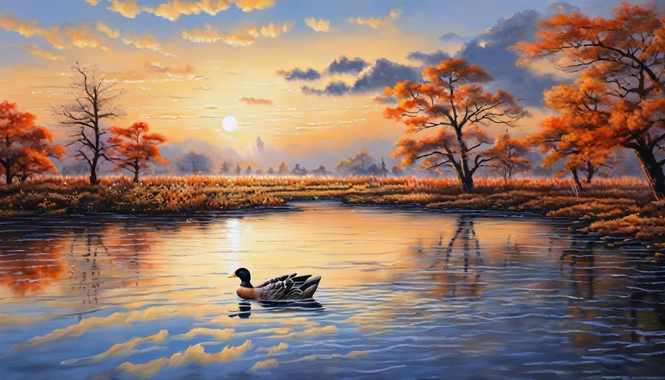 ((​masterpiece)), ((best quality)), 8k, high detailed, Ultra-detail, Evening light ，simple colors，Chinese landscape painting style，a duck, that flies in the sunset，reflection, autumn, river, Huge sky, merging, quiet, harmonious, peaceful