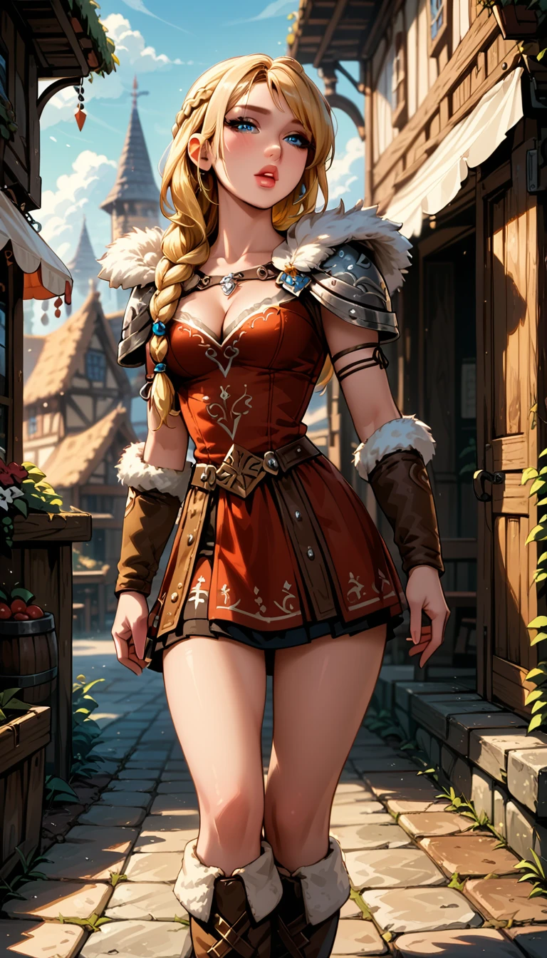 Dark Fantasy Art of score_9, score_8_up, score_7_up, rating_safe, fantasy, lighting, epiCPhoto 1girl, solo, very sexy slutty girl (ASTRIDHOFFERSON, blonde hair, braid, Long hair, blue eyes, fur trim, shoulder armor, armor, pauldron, boots, short skirt:1.2), cleavage, sexy legs, thigh, flirt, gaze, sexy look, half-closed eyes, filled lips, thick lips, moaning, makeup, modelling shoot, sexy pose, village market setting, dark, moody, dark fantasy style, midday.