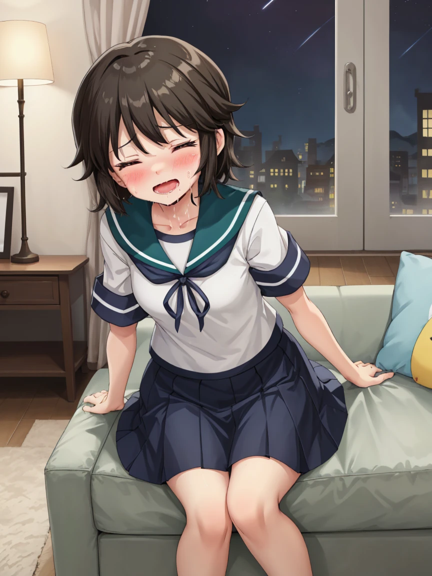 Portrait, official art, best masterpiece, best quality, best resolution, 8K, best detailed, perfect anatomy
BREAK
front view, looking at viewe
BREAK
1small girl, solo, miyukiKC, short hair, dark brown hair, skirt, school uniform, pleated skirt, serafuku, blue skirt, blue sailor collar, (small breasts, child_like build, short stature:1.2)
BREAK
(nsfw, 1small girl, reverse upright straddle, legs together, hetero:1.2), sex from behind, (1boy, trembling, girl_trembling_with_sexual_climax:1.5)
BREAK
(lewd face, blush:1.2), (half closed your eyes), (open your mouth, ahegao, female orgasm)
BREAK
luxurious mansion, living room, (night, midnight, darkness:1.3), very fine and detailed 16KCG wallpapers