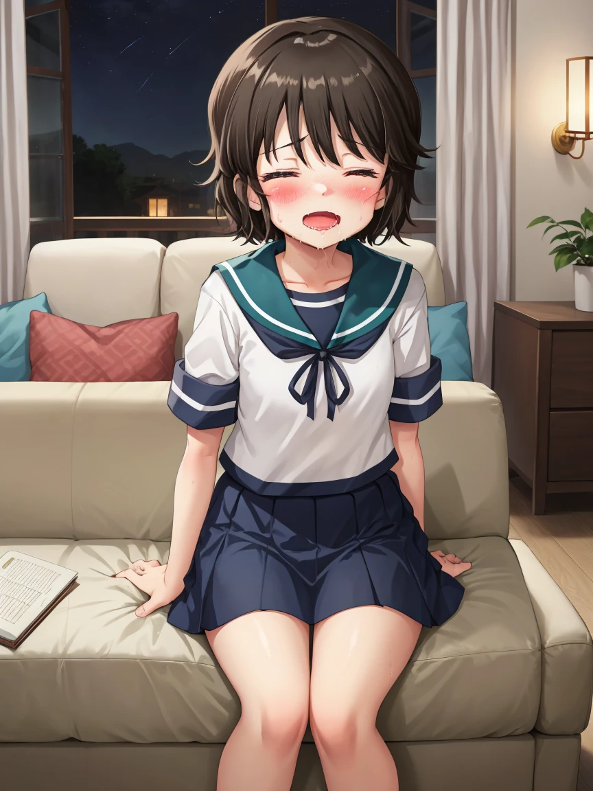 Portrait, official art, best masterpiece, best quality, best resolution, 8K, best detailed, perfect anatomy
BREAK
front view, looking at viewe
BREAK
1small girl, solo, miyukiKC, short hair, dark brown hair, skirt, school uniform, pleated skirt, serafuku, blue skirt, blue sailor collar, (small breasts, child_like build, short stature:1.2)
BREAK
(nsfw, 1small girl, reverse upright straddle, legs together, hetero:1.2), sex from behind, (1boy, trembling, girl_trembling_with_sexual_climax:1.5)
BREAK
(lewd face, blush:1.2), (half closed your eyes), (open your mouth, ahegao, female orgasm)
BREAK
luxurious mansion, living room, (night, midnight, darkness:1.3), very fine and detailed 16KCG wallpapers