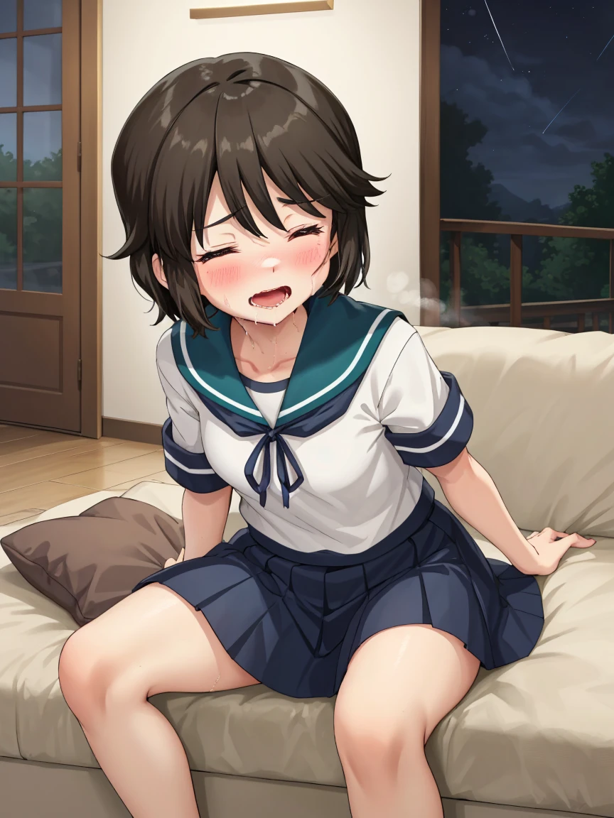 Portrait, official art, best masterpiece, best quality, best resolution, 8K, best detailed, perfect anatomy
BREAK
front view, looking at viewe
BREAK
1small girl, solo, miyukiKC, short hair, dark brown hair, skirt, school uniform, pleated skirt, serafuku, blue skirt, blue sailor collar, (small breasts, child_like build, short stature:1.2)
BREAK
(nsfw, 1small girl, reverse upright straddle, legs together, hetero:1.2), sex from behind, (1boy, trembling, girl_trembling_with_sexual_climax:1.5)
BREAK
(lewd face, blush:1.2), (half closed your eyes), (open your mouth, ahegao, female orgasm)
BREAK
luxurious mansion, living room, (night, midnight, darkness:1.3), very fine and detailed 16KCG wallpapers