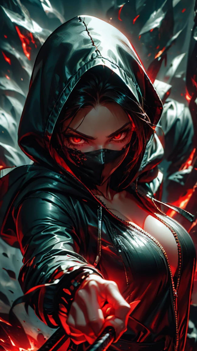 A slim woman dressed in all black, her hood hiding her hair as she wields a katana with deadly precision. Her eyes are a piercing red, a stark contrast to her black mask covering her mouth. She moves with the grace and style of an anime character, fighting and killing her enemies with ease.