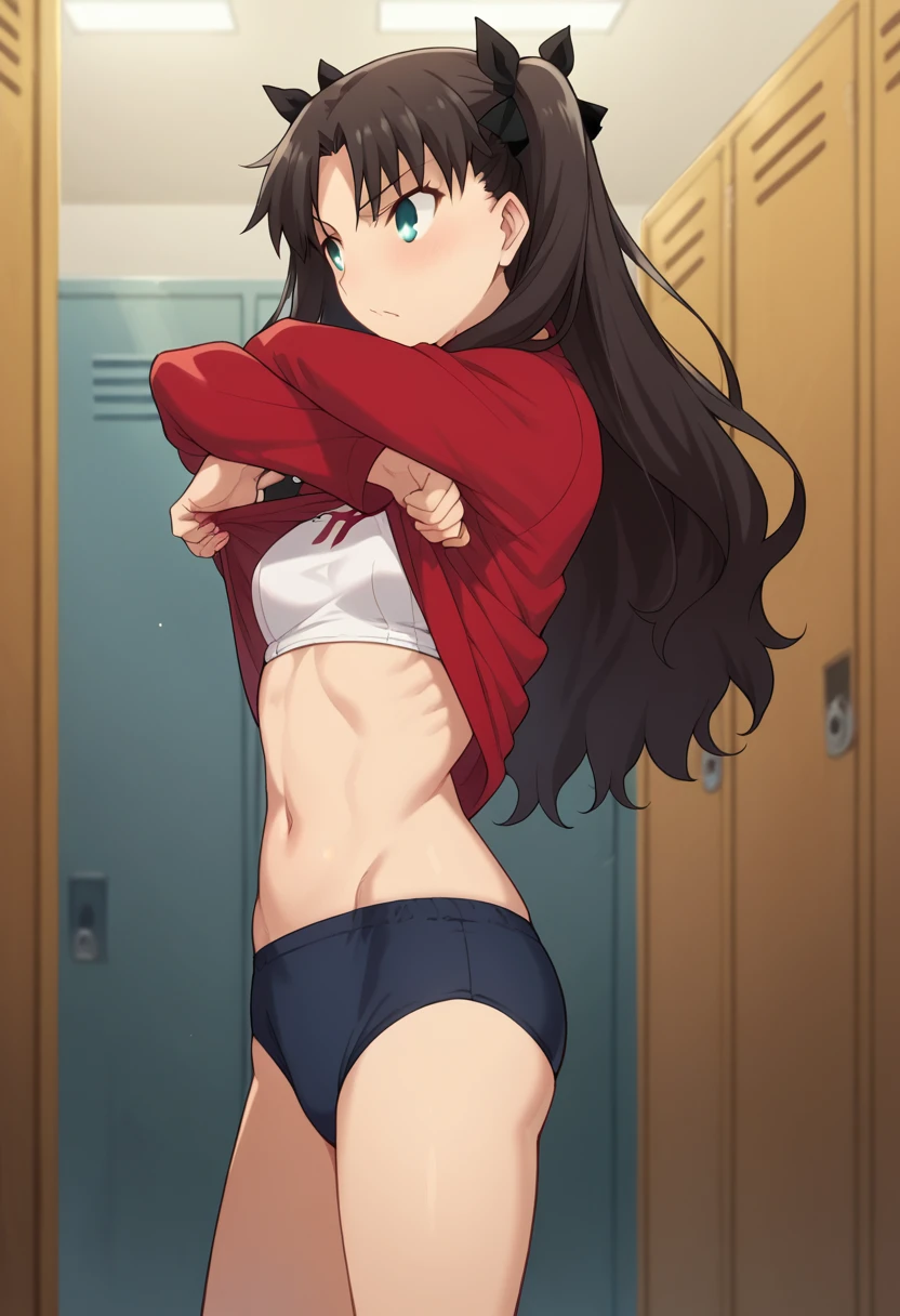 Tohsaka Rin, in the locker room, undressing 