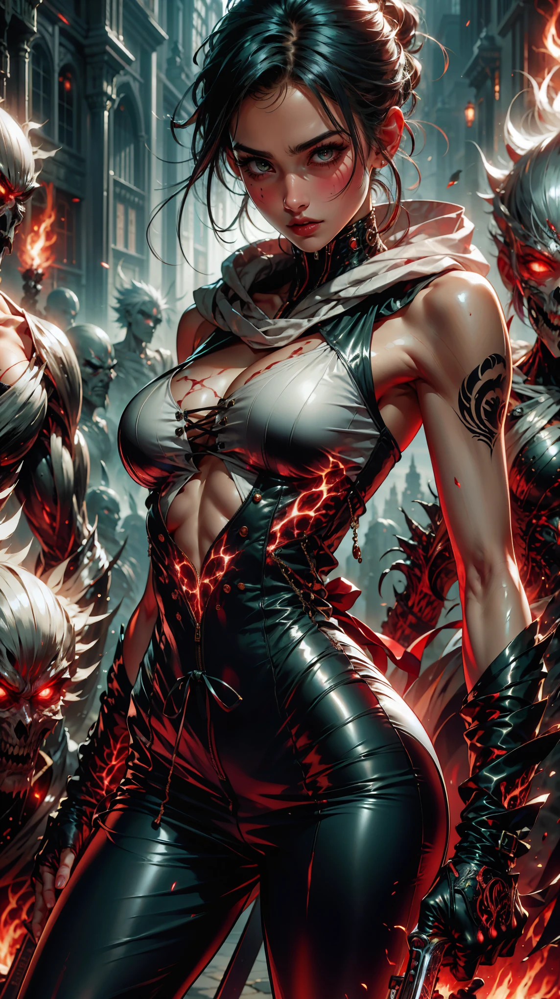 girl, werewolf monster girl, evil look, sexi, claws, demonic armor, facepaint, bodypaint, red glowing eyes, aggressive, combat stance, busty, curvy hips, dark aura, menacing, psychotic, highly detailed, vibrant appearance, creative behavior, imaginative, sensual, spontaneous, highest quality, skin texture, intricate details, (cinematic lighting), RAW photo, 8k, masterpiece,best quality,ultra-detailed,very detailed illustrations,extremely detailed,intricate details,highres,super complex details,extremely detailed 8k cg wallpaper,