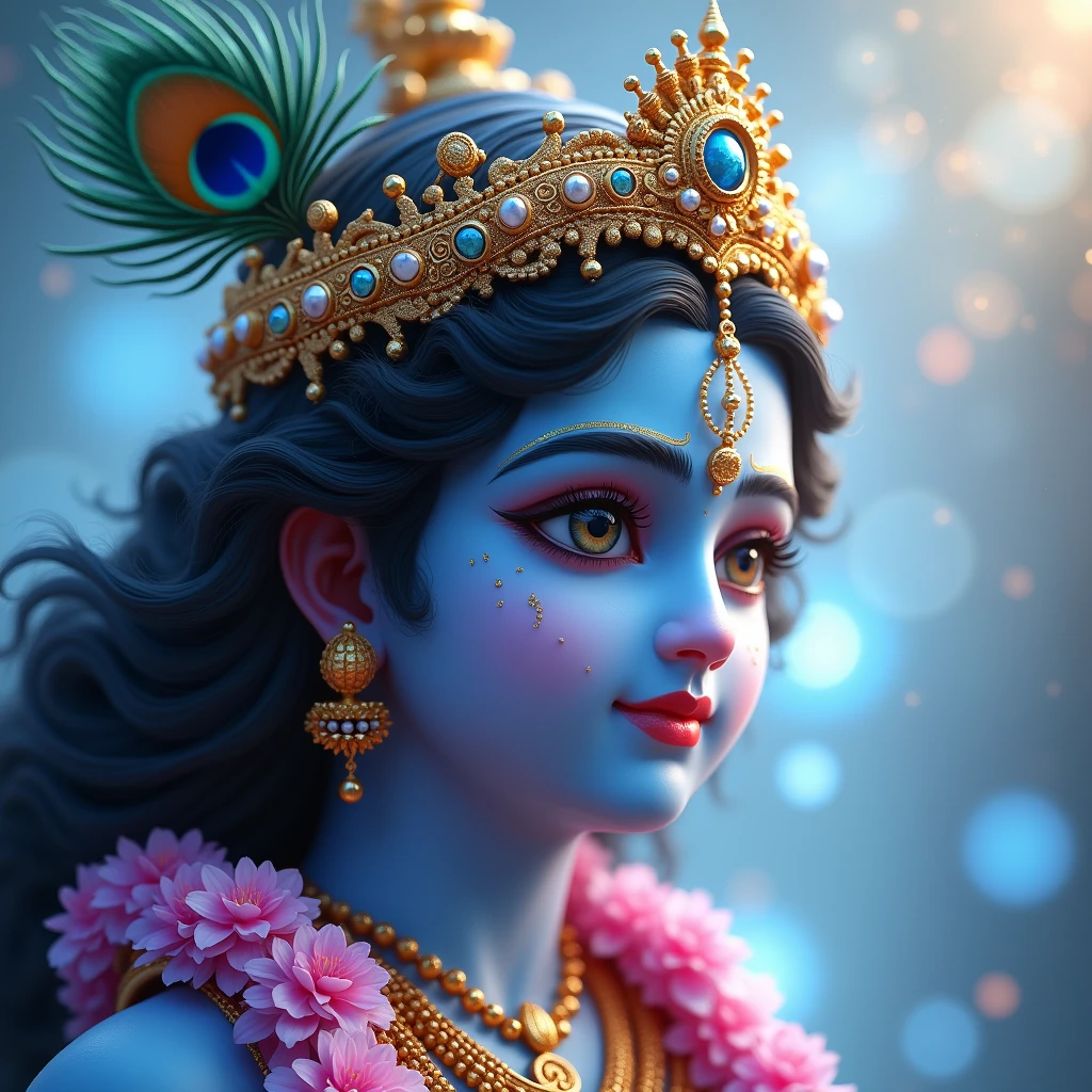 ((best quality)), ((masterpiece)), (detailed), perfect faceA golden fantasy portrait of Lord Krishna in colorful soft cotton armor and a peacock crown. He has intricate patterns on his body and is a God with a soft heart . Krishna is captured full body in sky from a low angle, looking up at the viewer with a captivating gaze. The background is a chaotic scene with splashes of kaleidoscopic colors. The golden sunlight casts a warm, alluring glow on the scene, highlighting Krishna's beautiful enigmatic presence. The overall ambiance is a blend of excitement, surrealism, and whimsy, minimal