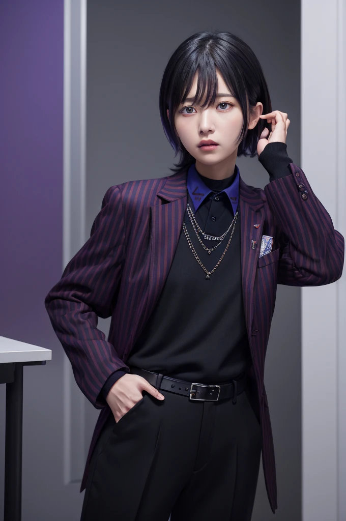 masterpiece、Highest quality、Absurd、crimson purple、Parted bangs、formal、Striped jacket、Collared shirt、necklace、belt、Black Pants、Expressionless、Standing indoors、Hands in pockets、