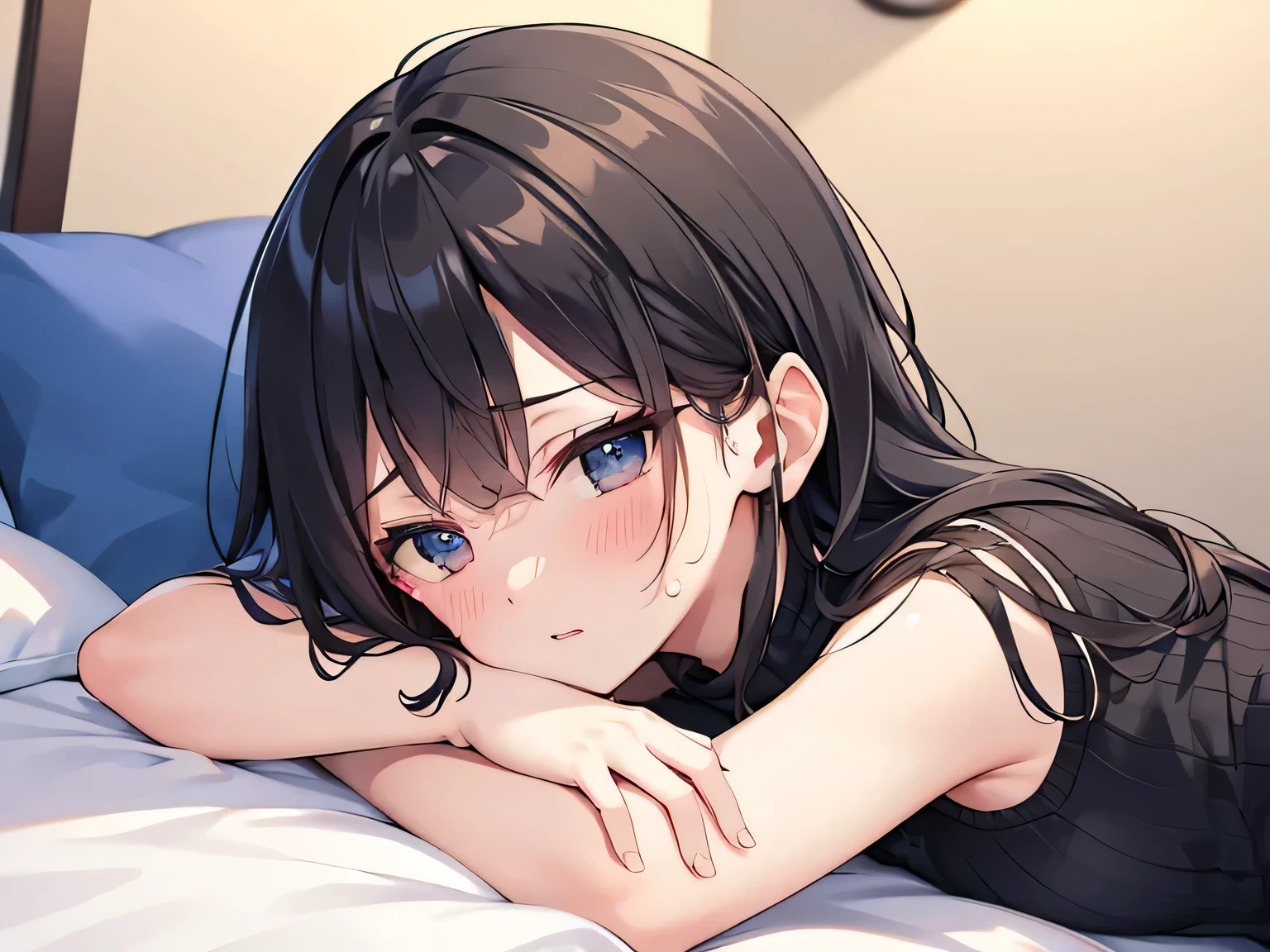 (8K、Raw photography、top-quality、​masterpiece:1.2)、Illustration Touch、ultra-detailliert、超A high resolution、女の子1人、dark brown  hair、Upbeat cheeks、perspiring、On the futon、Horizontal distance method、(Sleeping face down)、Raise your buttocks up、half-opened mouth、moaning、is crying、Bare ass、fullnude、((No clothes))、((((No underwear))))、(((no brassiere)))