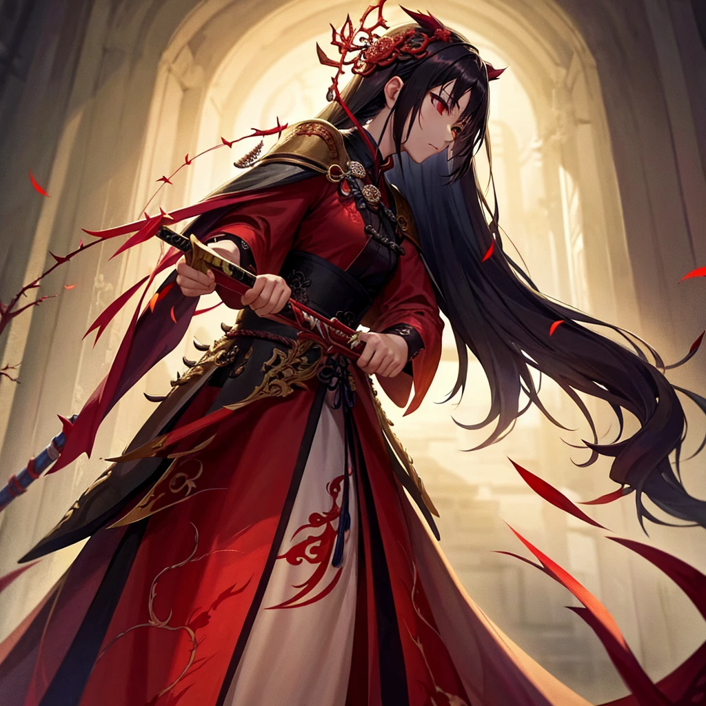 Elegant woman with cool red-purple heterochromia eyes, beautiful woman, perfect face,  wearing a red dress, long black hair (top quality, 8k, high, masterpiece), highly detailed facial features, intricate details, natural lighting, warm color, soft focus, digital painting, fantasy art, silhouette, red light, eerie atmosphere, foggy, Scythe, weapon, red aura, black particles, big breasts.