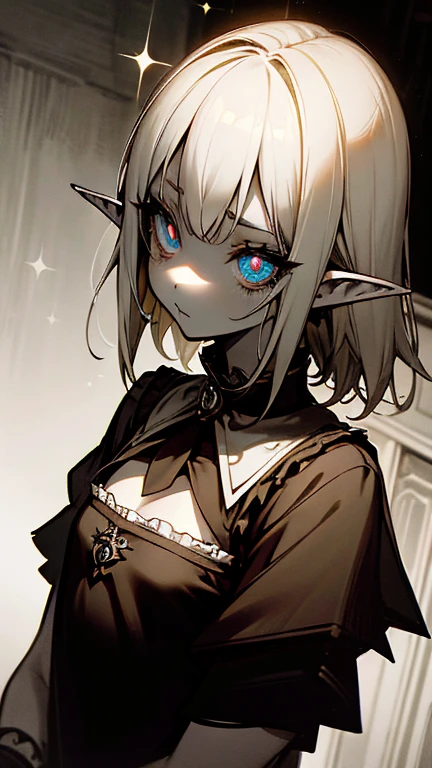 masterpiece,insanely detailed, absurdres, 16K, elf, pointy ears,a girls,luminous eyes, with sparkling eyes,  narrow eyes, flat chest,flat chest,white background,upper body ,gothic lolita, gothic atmosphere,dutch angle shot