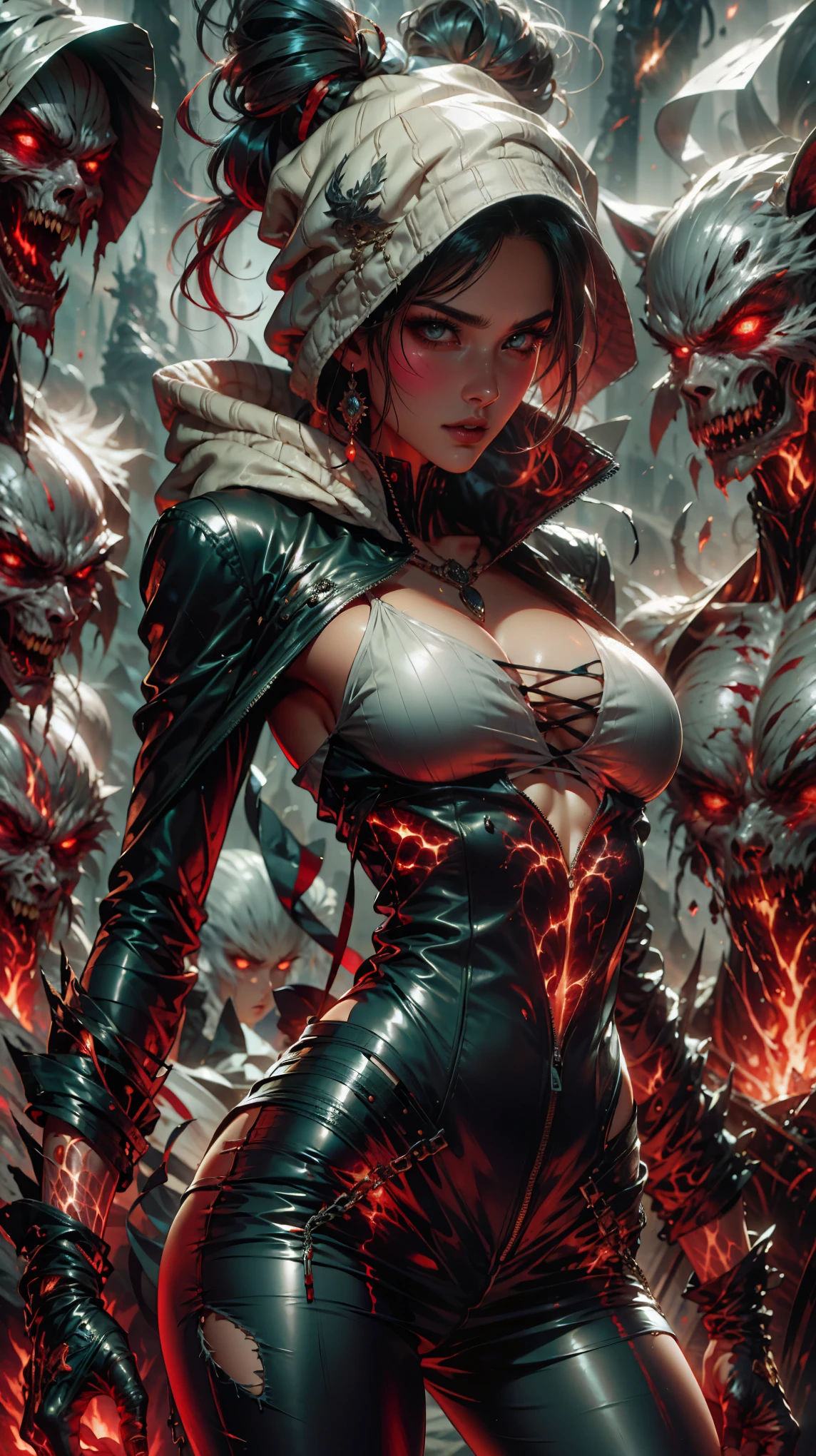 A slim woman dressed in all black, her hood hiding her hair as she wields a katana with deadly precision. Her eyes are a piercing red, a stark contrast to her black mask covering her mouth. She moves with the grace and style of an anime character, fighting and killing her enemies with ease.