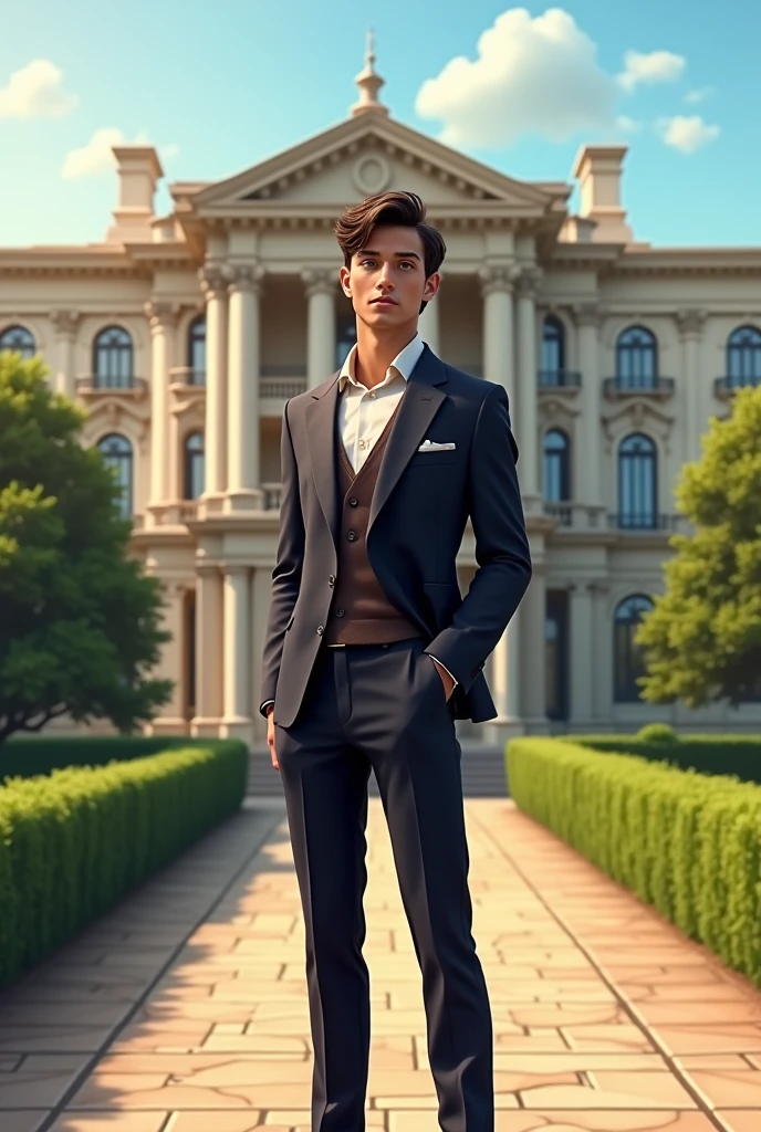 (Pixar 1.25 style) 1 man ((upper body front, bust shot)), solo, front, very handsome face, very detailed eyes, brown eyes, very detailed nose, very detailed mouth, handsome, Korean, sophisticated, men's suit, downtown area, ((masterpiece, highest quality)), (composite lighting)