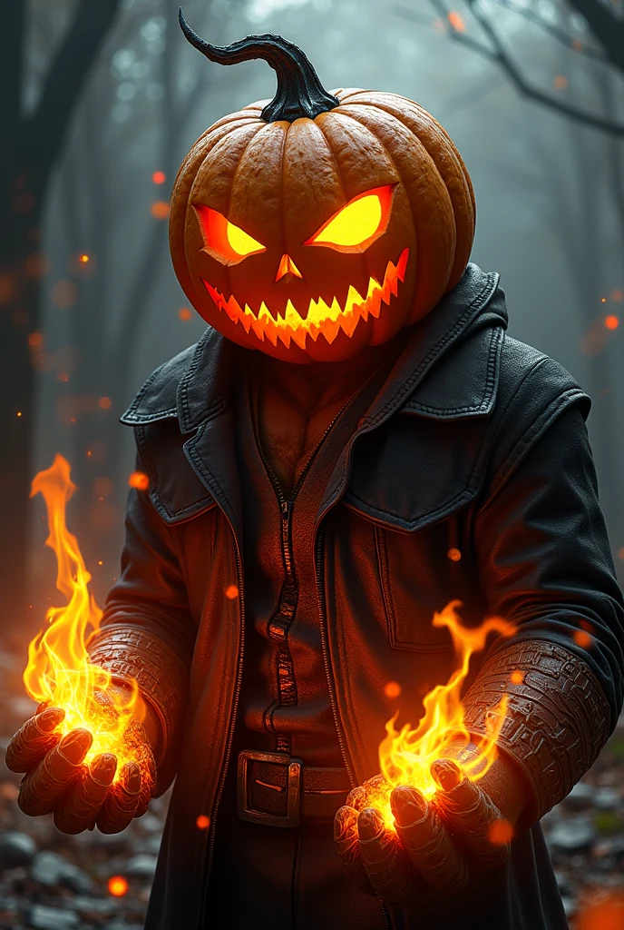 A jack'o lantern wearing iron war glove on two hand that ahave hell flame ignite all the time with wearing jacket