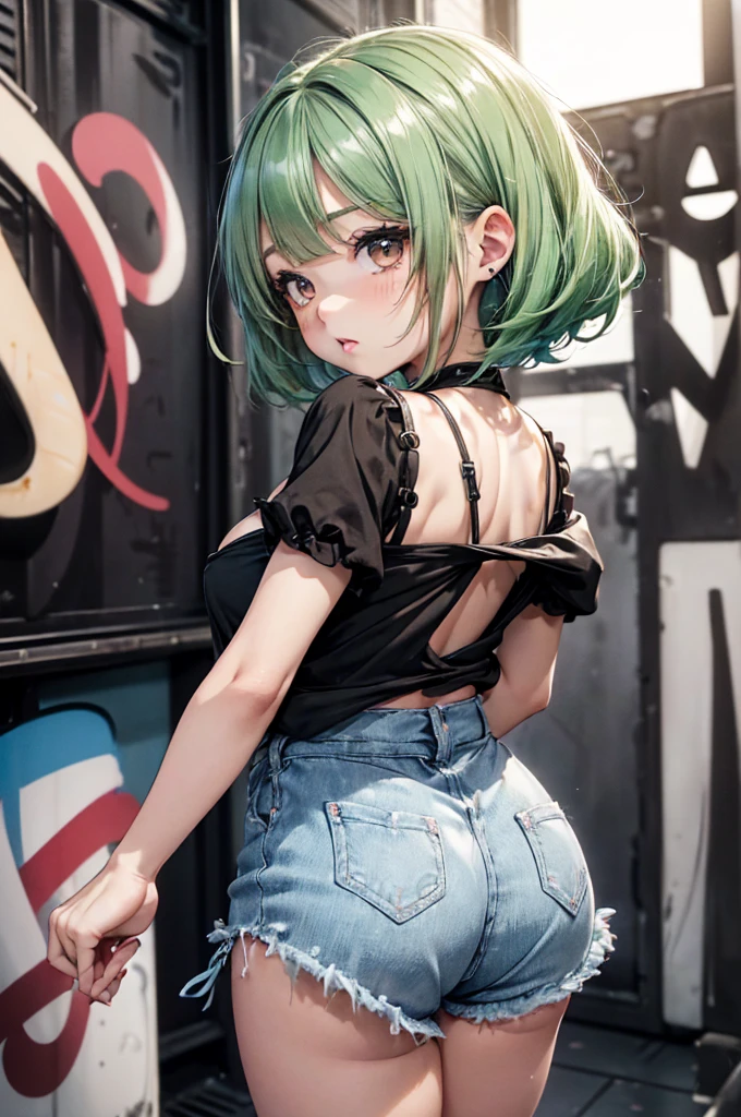 Obra maestra, mejor calidad, (Fondo de pantalla CG unity 8k extremadamente detallado, Obra maestra, mejor calidad, ultra detallado, Obra maestra, mejor calidad, 1 chica, solo, top corto, shorts de mezclilla, gargantilla, (Pintada:1.5), salpicadura de pintura, frontal, contra la pared, mirando al espectador, brazalete, correa del muslo, pintura en el cuerpo, nod, aburrido, pelo multicolor, ojos aguamarina, auriculares, Tatsumaki,