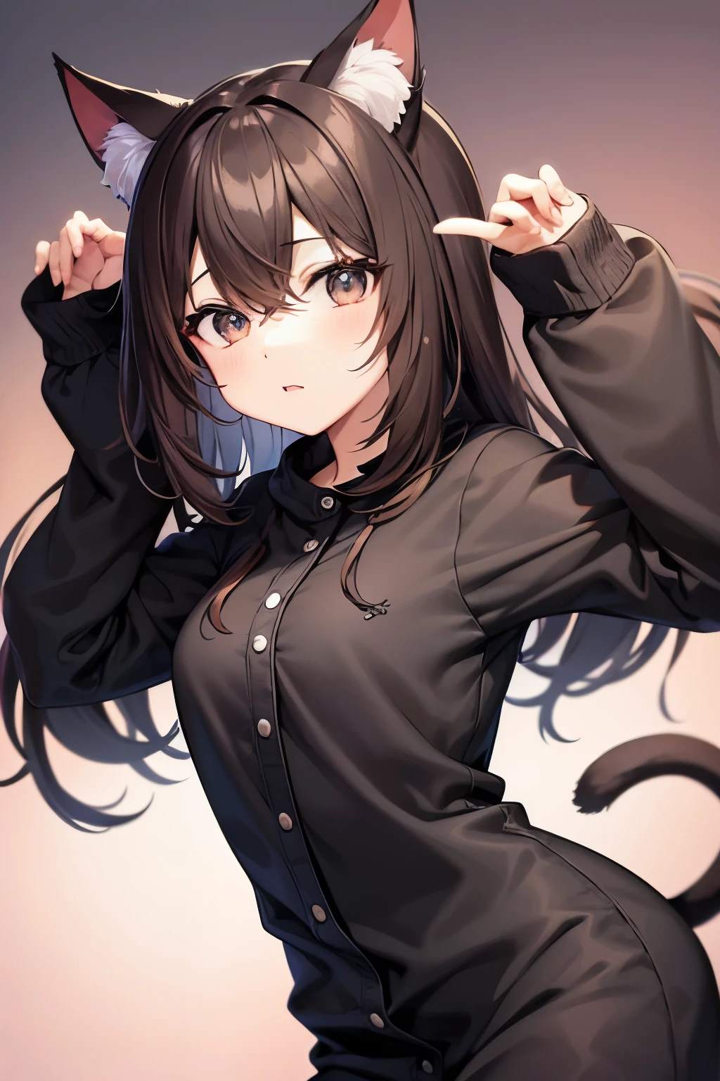 masterpiece, Best Quality, 1 girl, ((looking at the viewer)), by lila, purple eyes, by the wide, He drowned, sweater, sweater skirt, shackles, 163cm, hair between the eyes, big breasts, adult, 3, maduro, Glasses, Alone, Sole, smile, cat ears, cat's tail, Canine, cat girl, animal ears