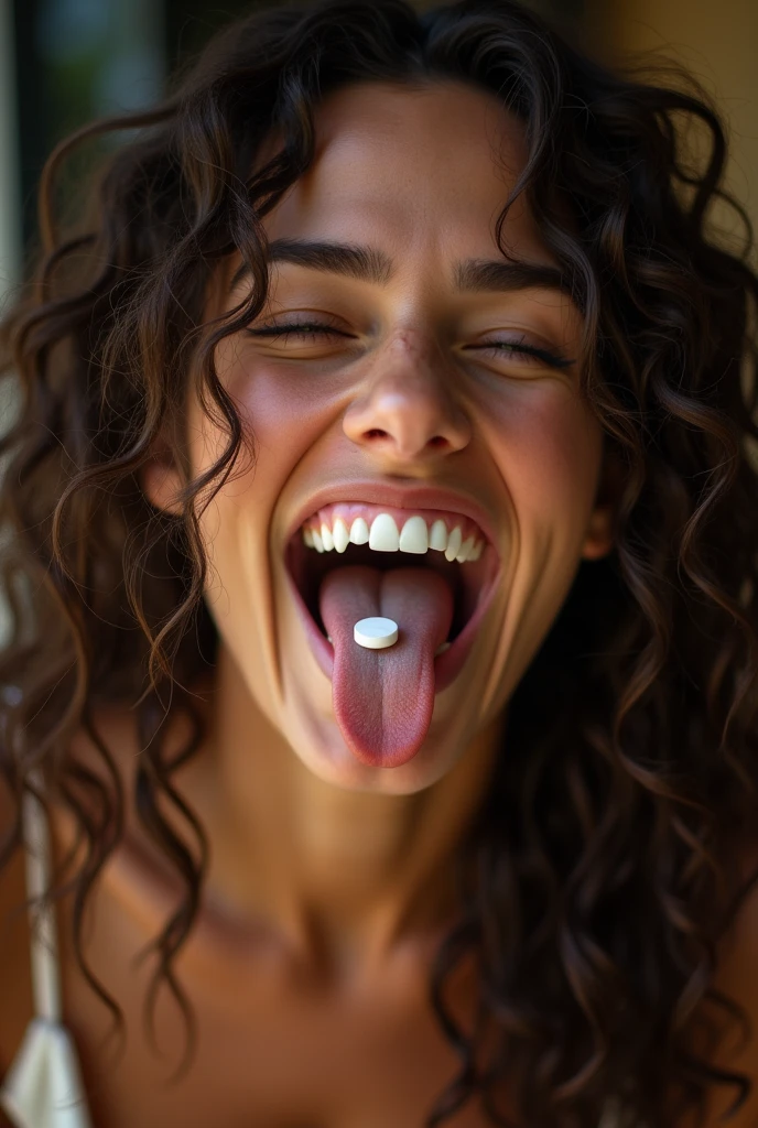 Thai woman, natural face, full lips, close eyes, wide open mouth, show tooth, milk on tongue, closeup