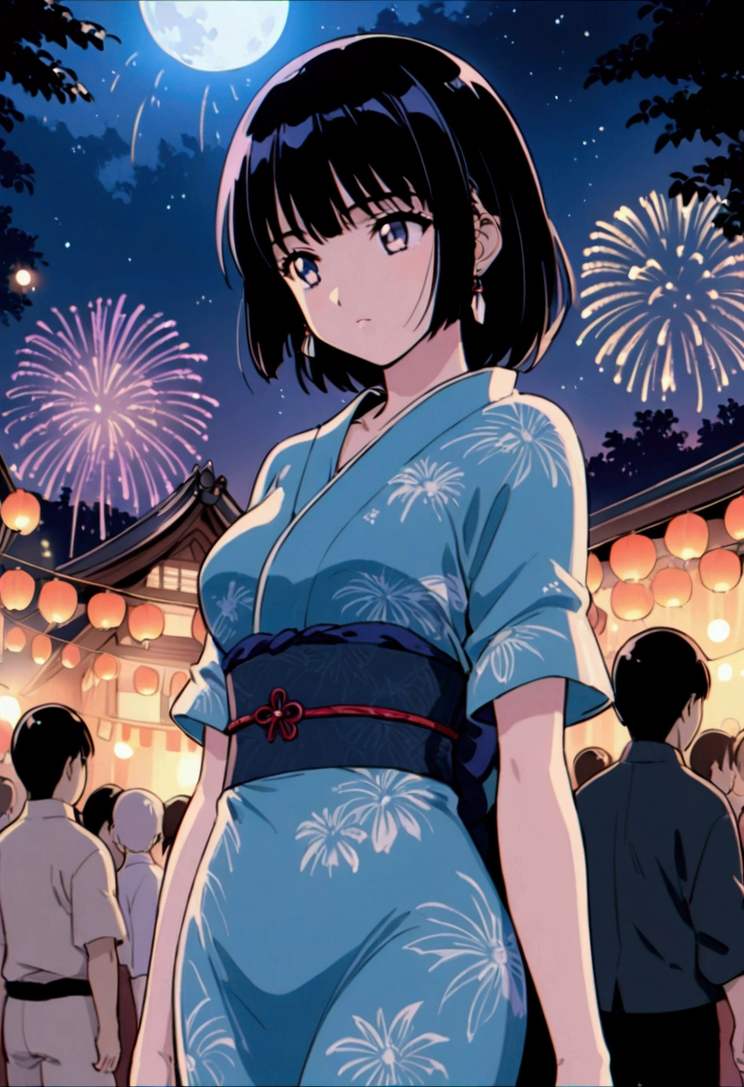 Fireworks,summer night,tight clothes,detailed,high quality,full moon,Hanabi Taikai,yukata dress,Japanese festival,hidden from people,retro anime