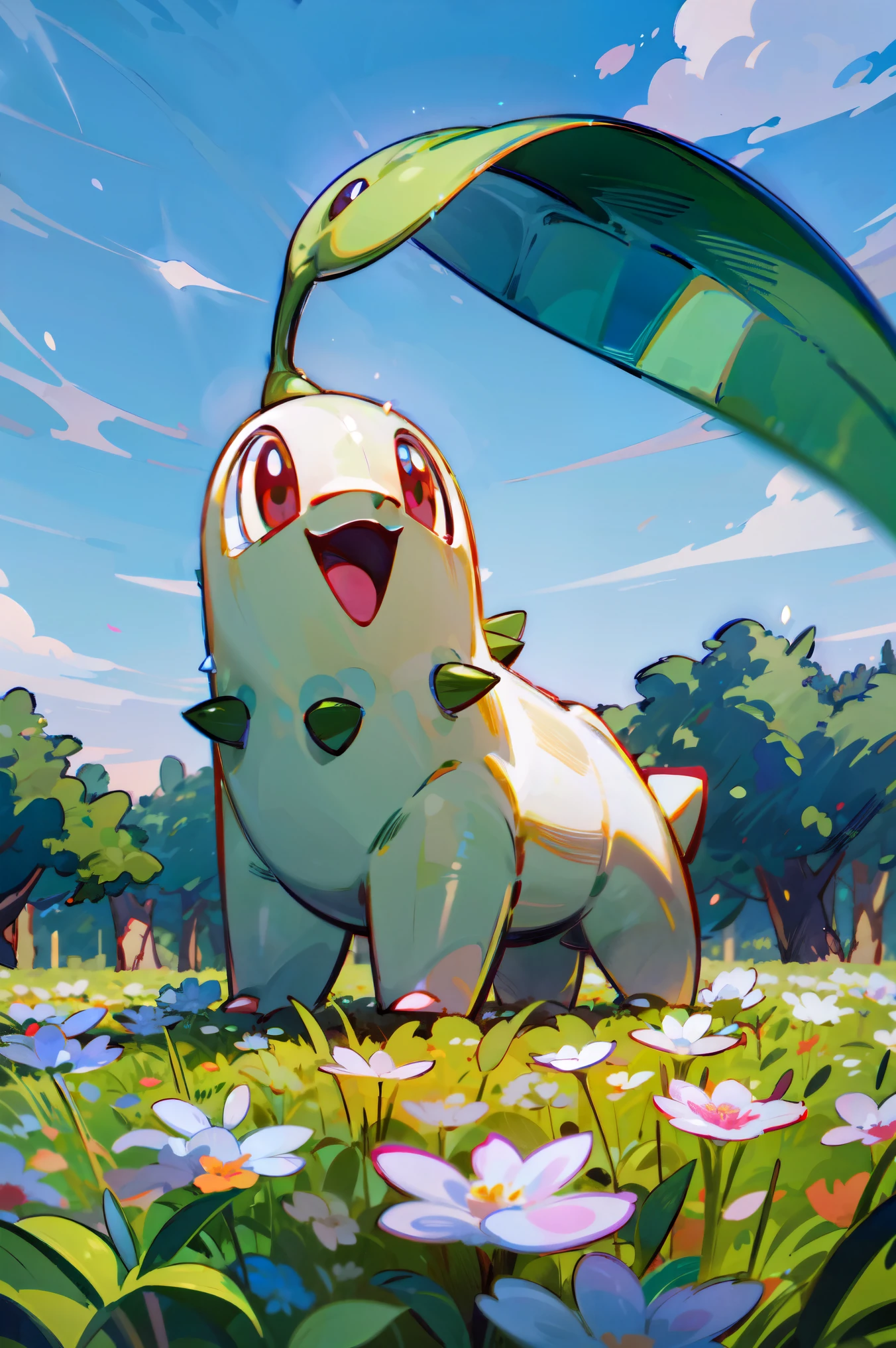 (masterpiece, best quality:1.2), highly detailed, POV, illustration, 1pokemon, (chikorita), happy, blue sky, white flower field background, absurdres