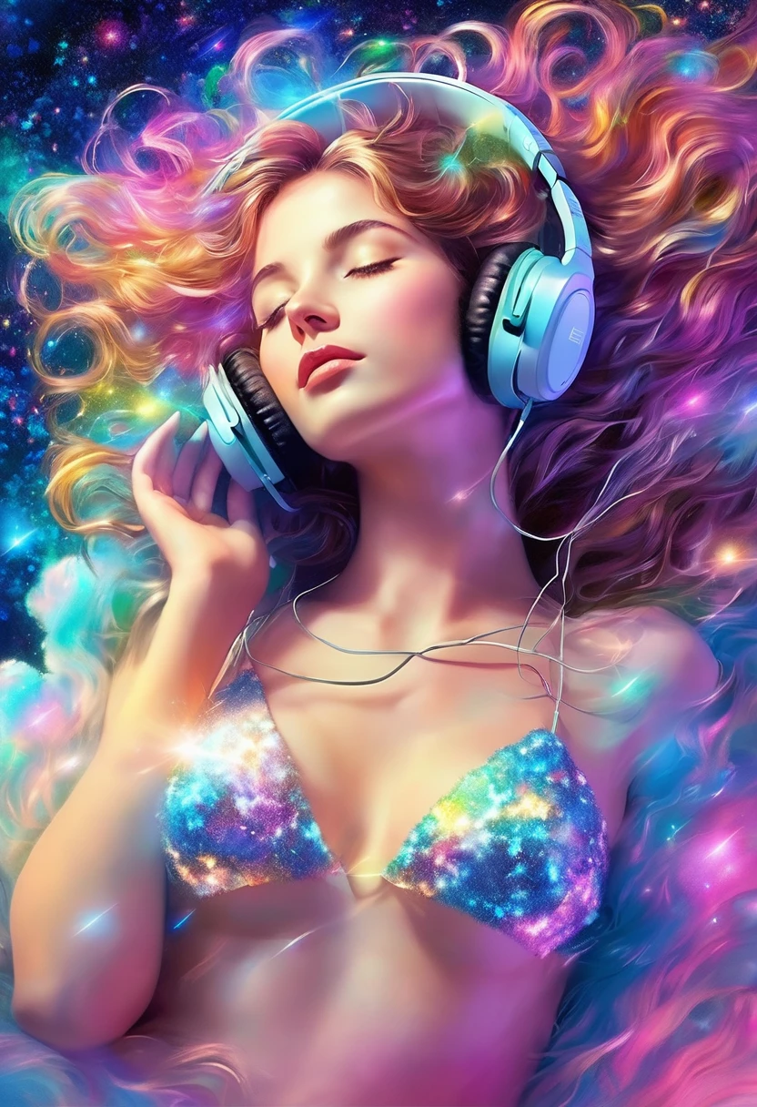 A beautiful fantasy style painting of a beautiful nude blonde woman with big messy hair, floating on a cloud gracefully laying on the cloud, wearing headphones, with moon light, twinkling stars and stardust, vibrant and colorful, full body shot, looking down at a small city at night, cityscape, colorful stardust, fantasy art style, rossdraws cartoon vibrant, cute detailed digital art, colorfull digital fantasy art, digital fantasy art ), glossy digital painting, rossdraws pastel vibrant, rossdraws 2. 5, rossdraws 1. 0