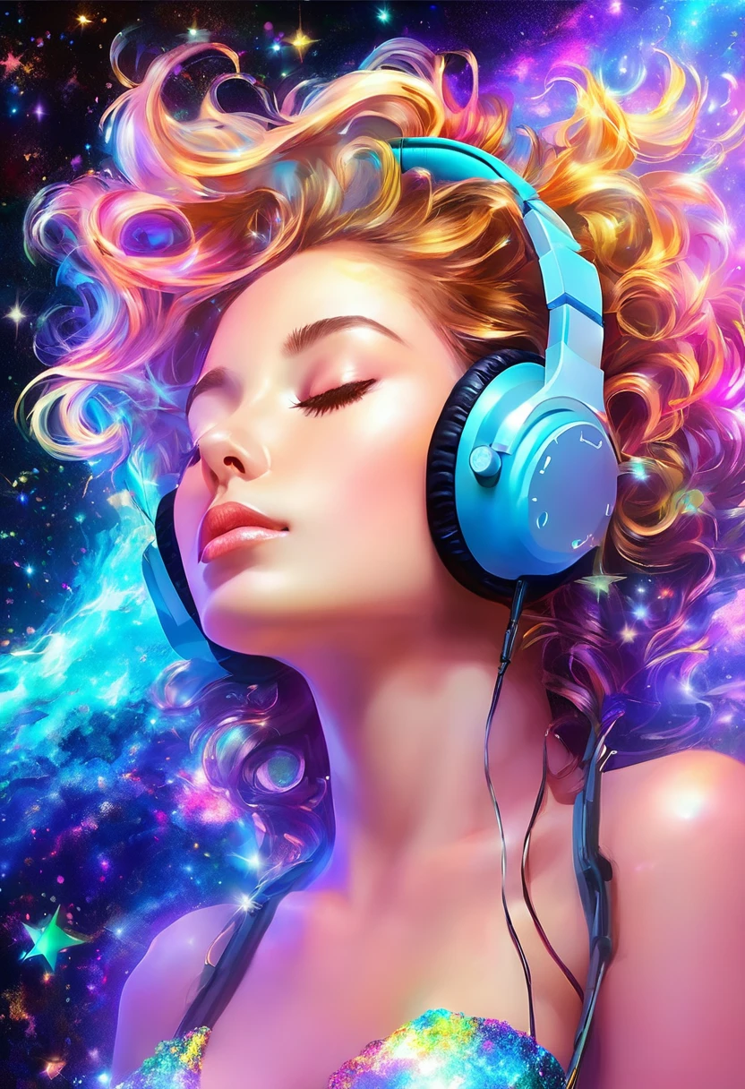 (masterpiece, best quality), nude woman, beautiful face, wavy hair, headphones, sparkling colorful stardust,   sleeping on a fluffy cloud as she floats through outer space. Dynamic angle, dynamic lighting. Fullbody shot.