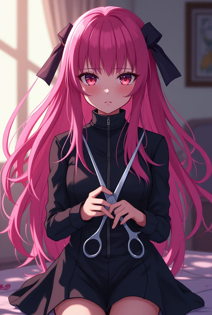 ((masterpiece)), (best quality:1.7), (detailed:1.4), (high res:1.4), 8k, (colorful:1.5), 2d, high resolution, sharped image, 4k, hd, gotou_hitori, 1girl, solo, long hair, pink hair, blue eyes,hair over eyes, cube hair ornament,straight jacket, white padded room, laying on floor